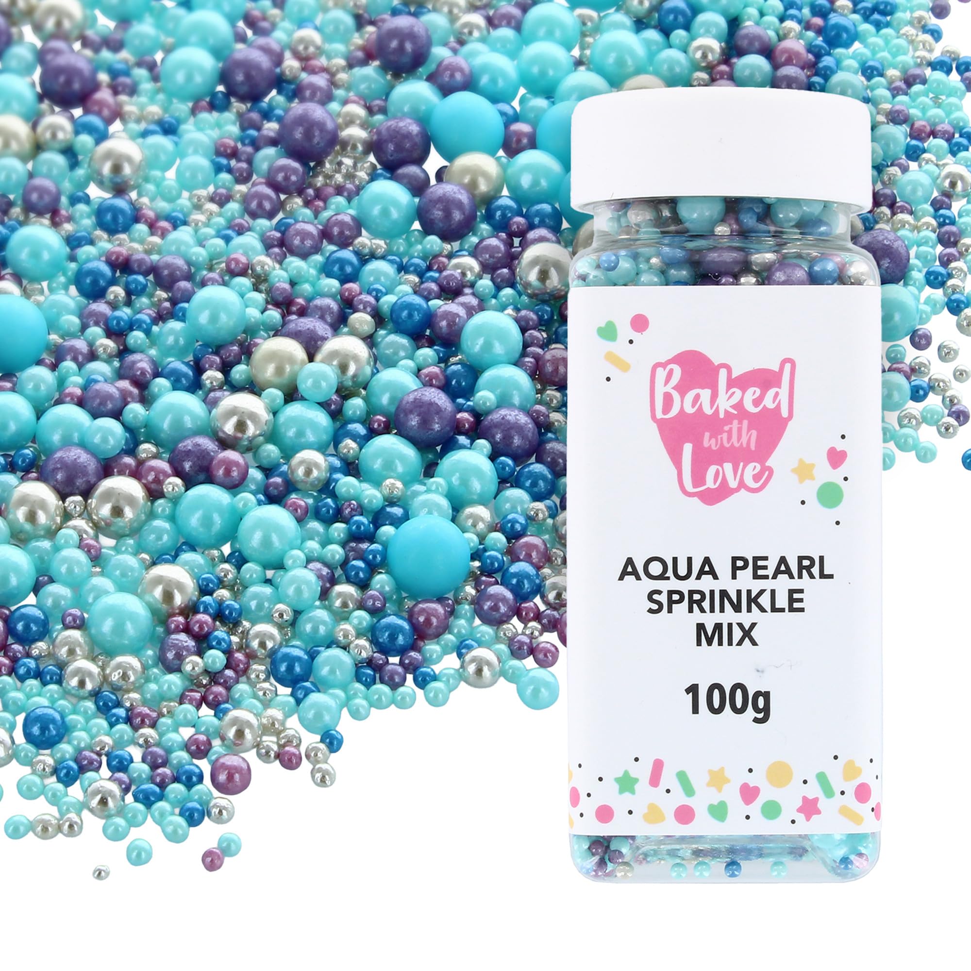 Baked with Love Aqua Pearl Sprinkles - Blue, Purple, Silver Mix | 100g Resealable Bottle