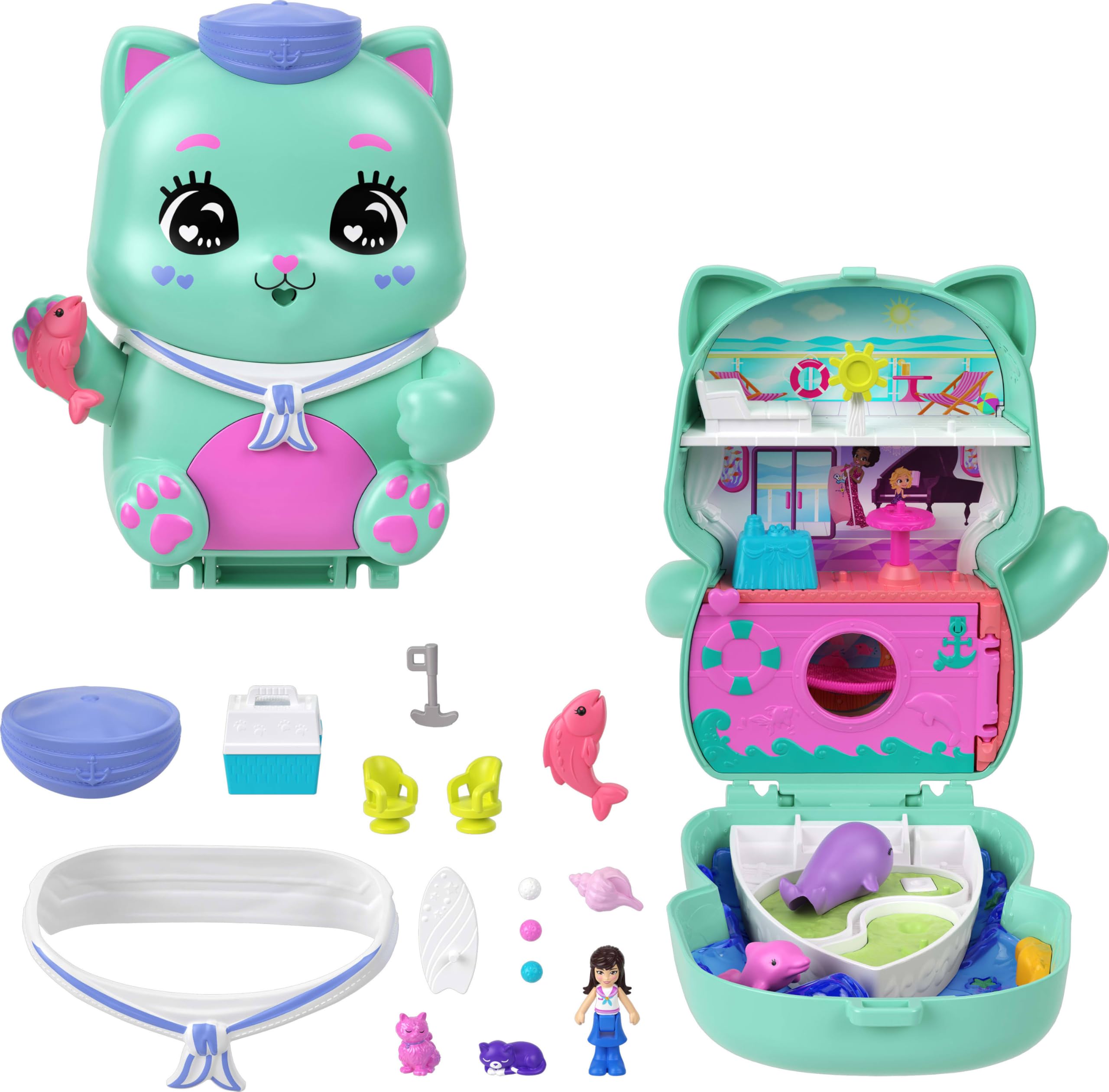 Polly Pocket Set Sail Kitty Compact Playset - Micro Doll with 10 Accessories & 2 Pet Cats, Ages 4+
