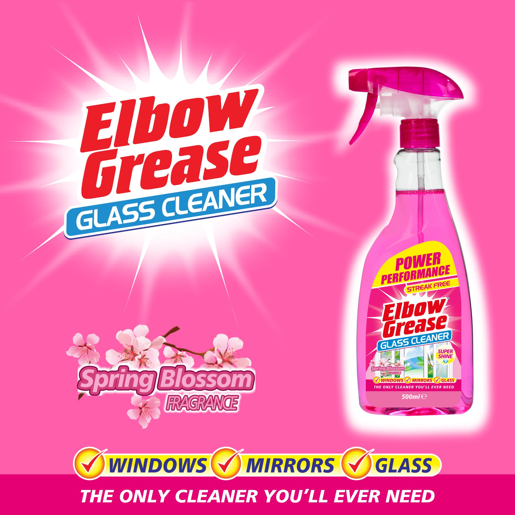 Elbow Grease Pink Glass Cleaner - 500ml Streak-Free Spray for Windows, Mirrors & Glass 9