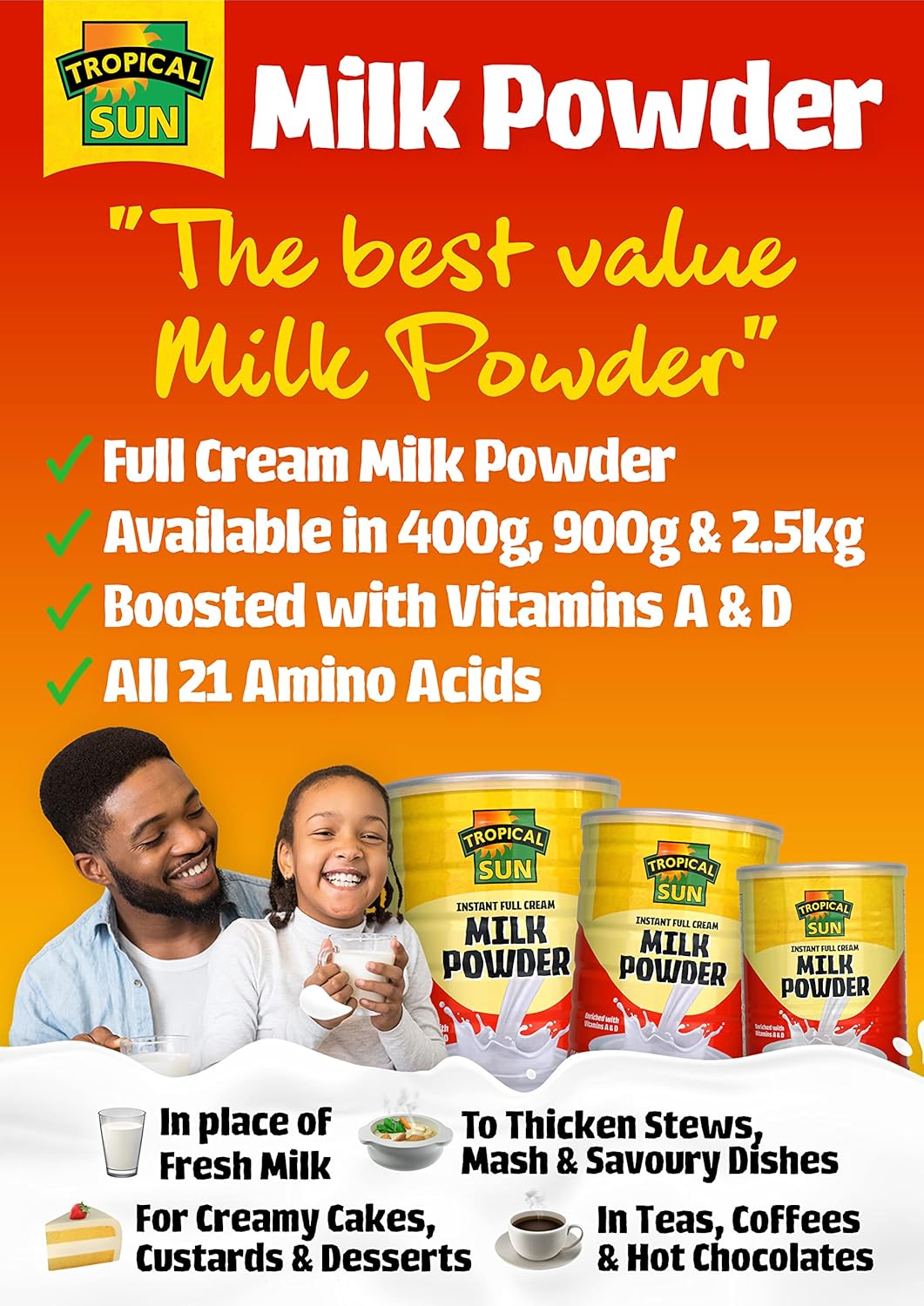 Tropical Sun Full Cream Milk Powder, 400g – Fortified with Vitamins A & D