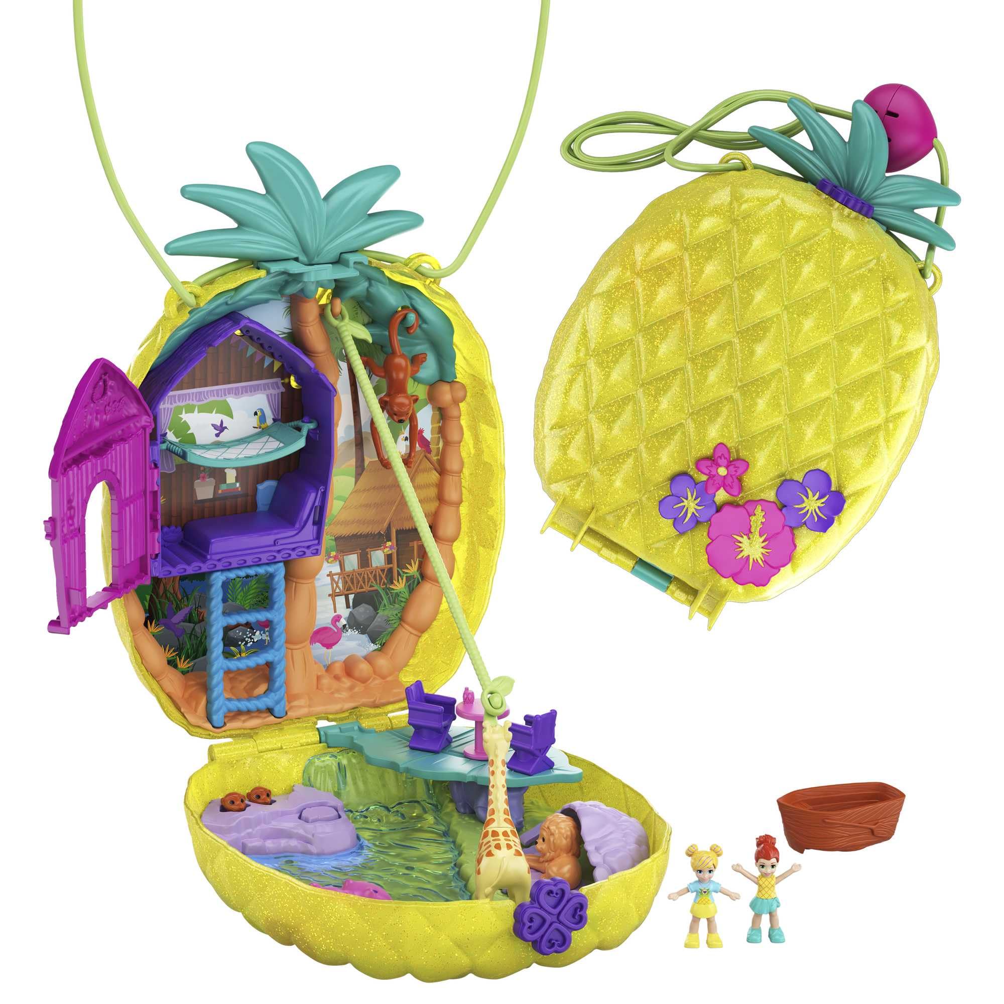Polly Pocket Micro Tropical Pineapple Purse - 2-in-1 Playset with Safari Adventure, 2 Dolls & Stickers, Ages 4+