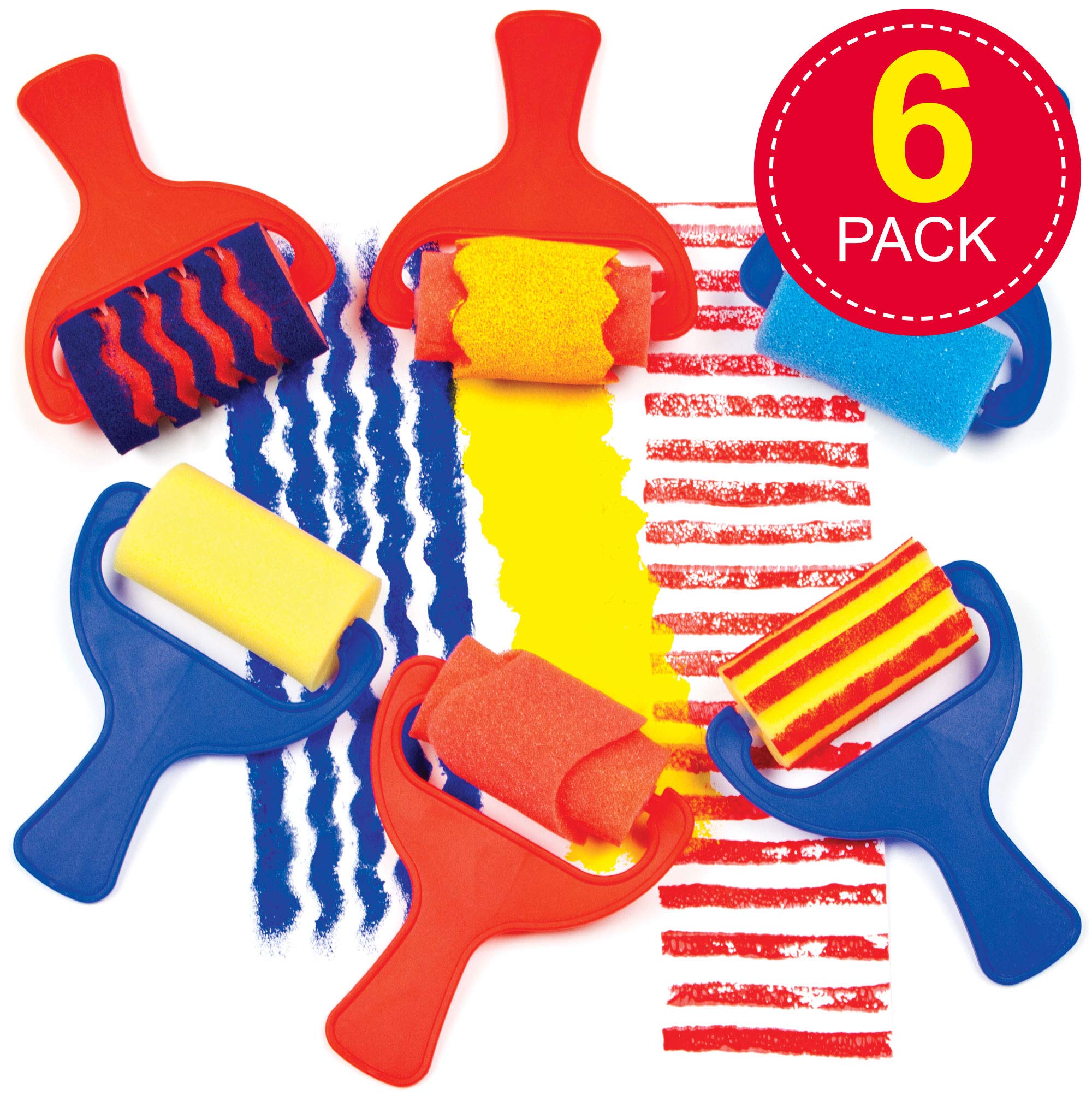 Baker Ross AF731 Sponge Patterned Rollers - Set of 6 | Washable | Approx. 7cm Wide