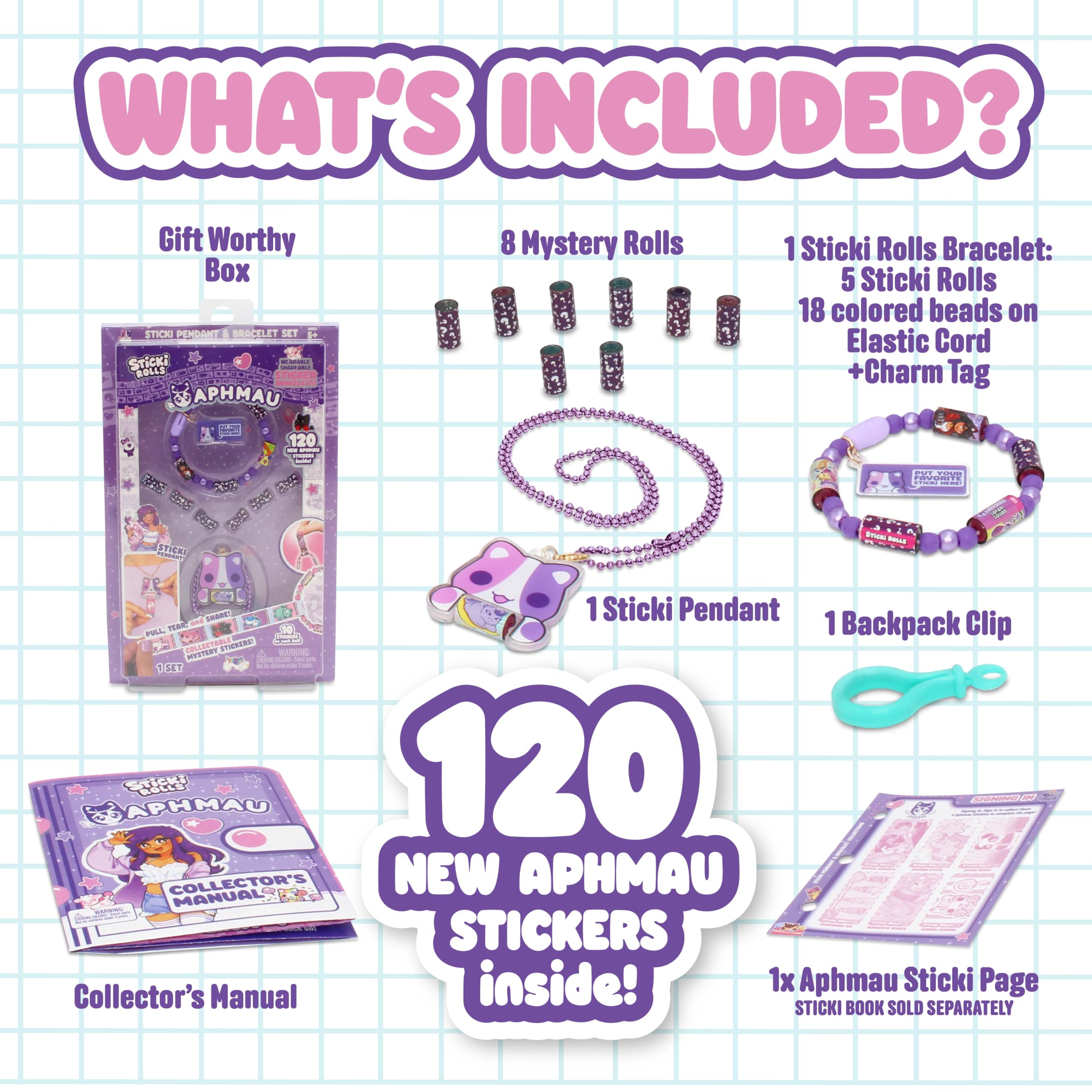 Sticki Rolls x Aphmau Pendant & Bracelet Set - Holographic Cat Sticker Dispenser with 120 Kawaii Foil Stickers 4