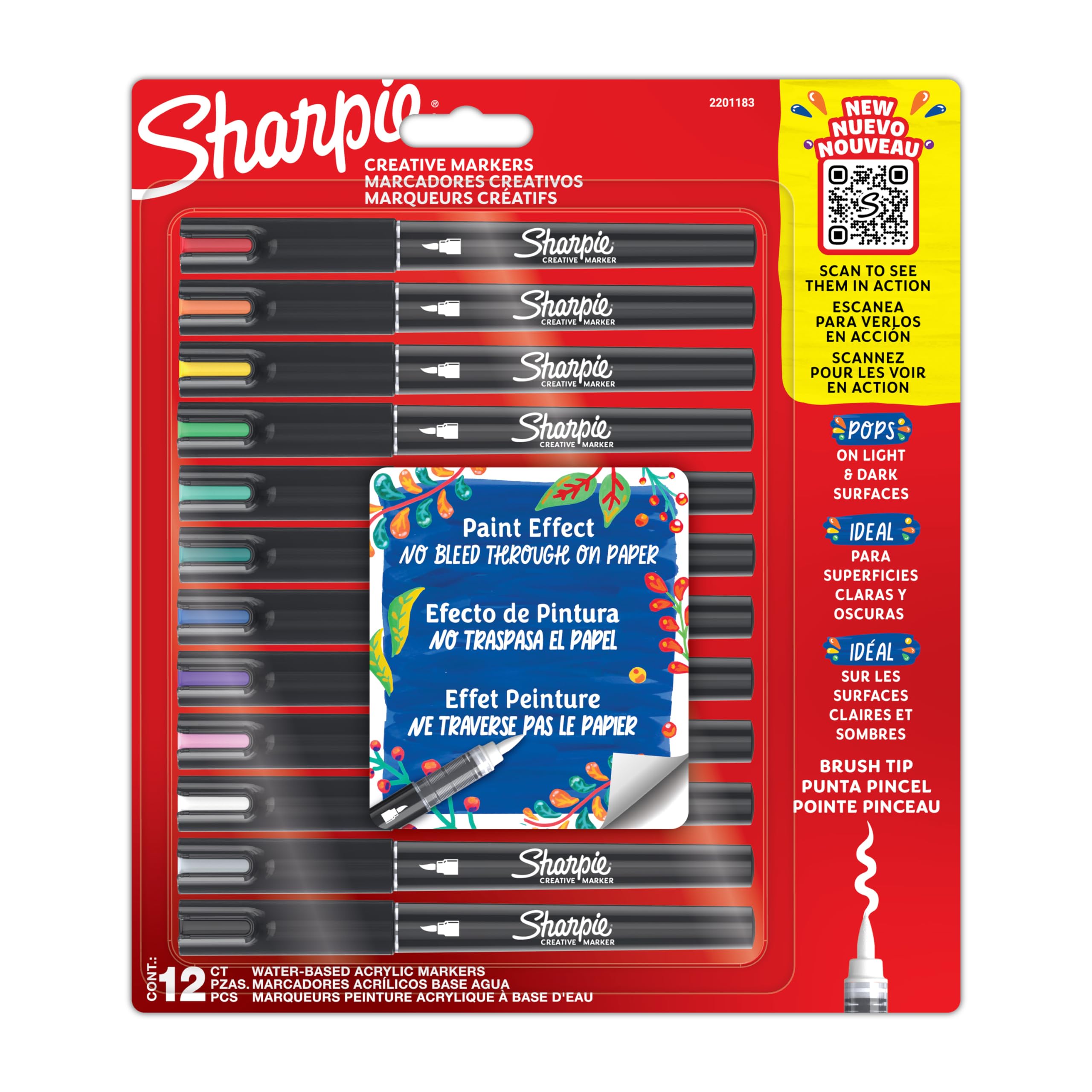 Sharpie Creative Marker Acrylic Paint Pens - Brush-Tip, Water-Based Ink, No-Bleed, Assorted Colours | 12 Count
