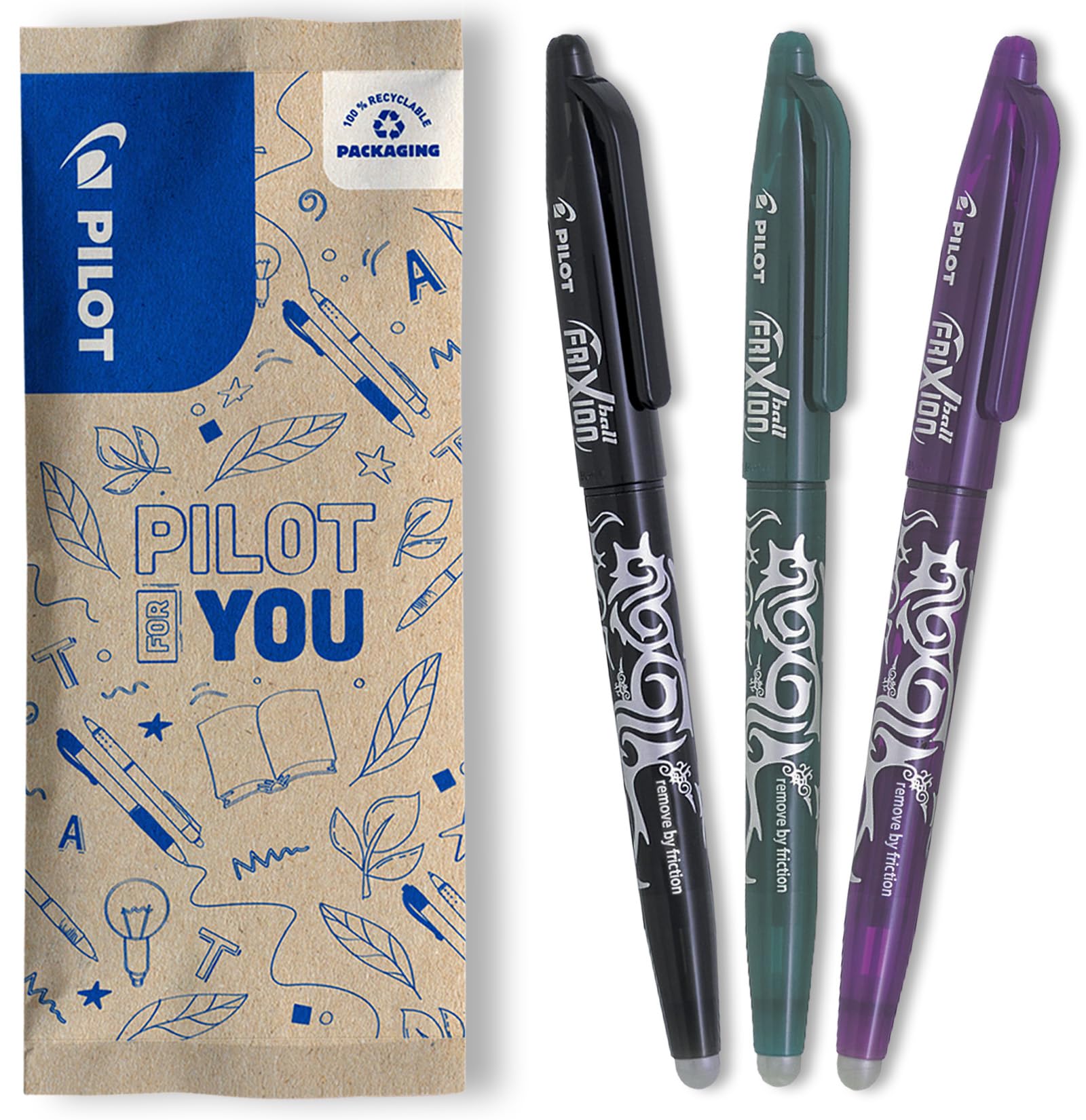 PILOT FriXion Ball Erasable Rollerball Pen - Medium 0.7mm Tip | Black, Green, Violet Ink | Pack of 1