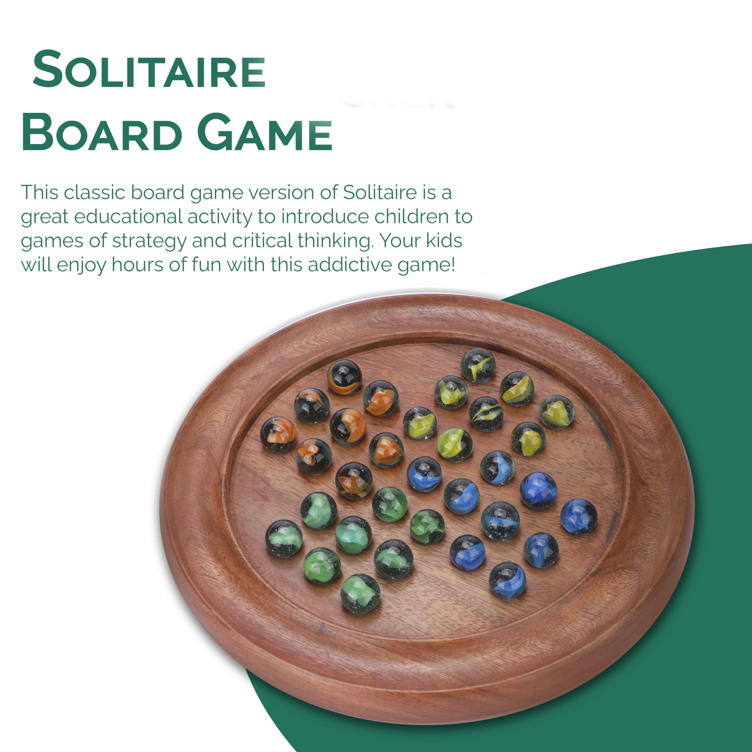 Ajuny Classic Solitaire Handcrafted Wooden Board Game with 4-Color Marbles