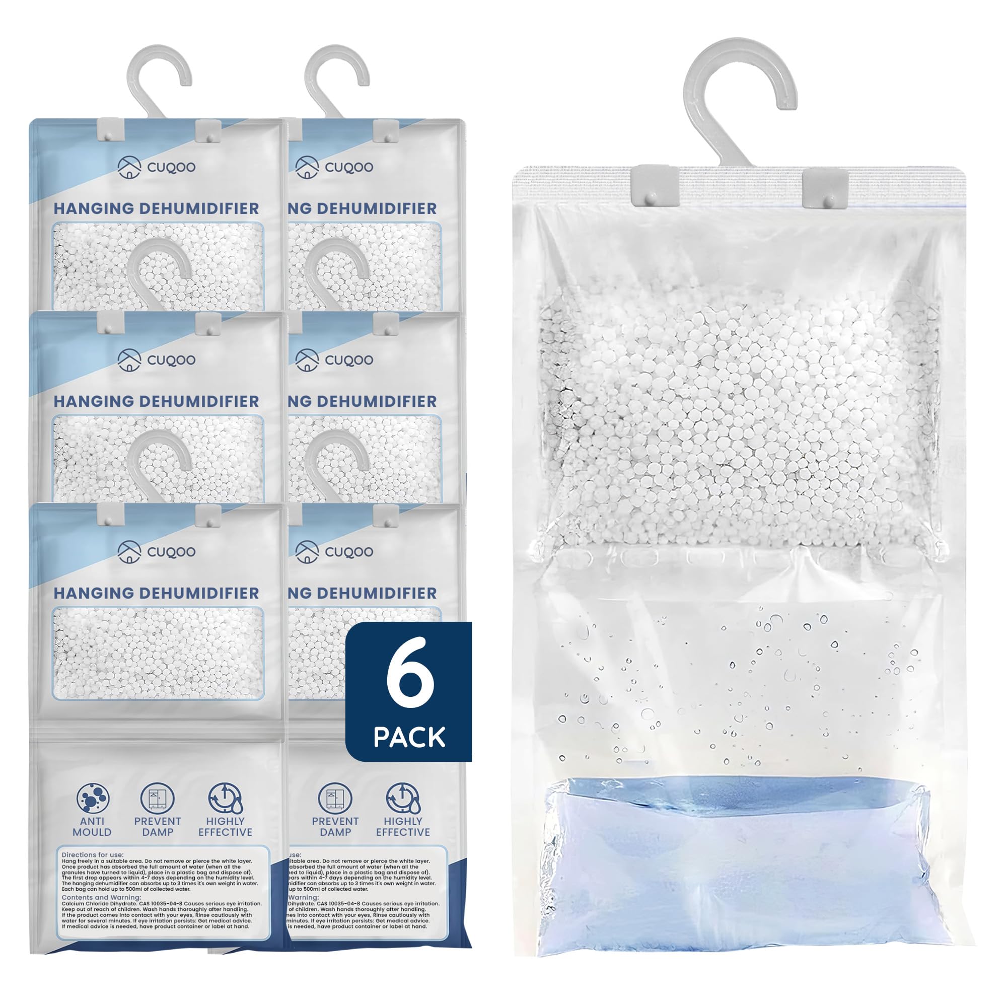 CUQOO - Hanging Wardrobe Dehumidifier Bags Disposable Moisture Absorber 6 Pack