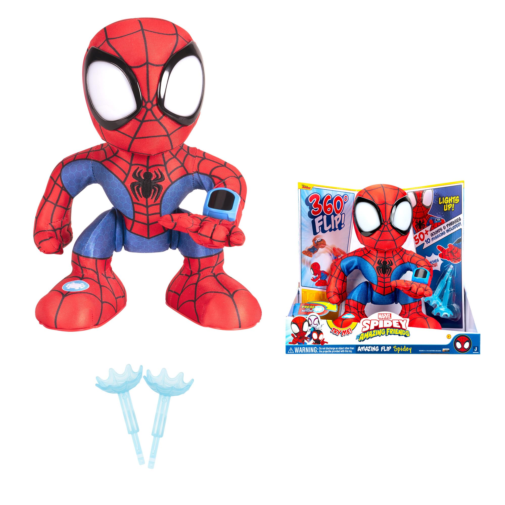 Marvel's Spidey and His Amazing Friends Amazing Flip Spidey - 12-Inch Animatronic Plush with Lights, Sounds & Web Darts