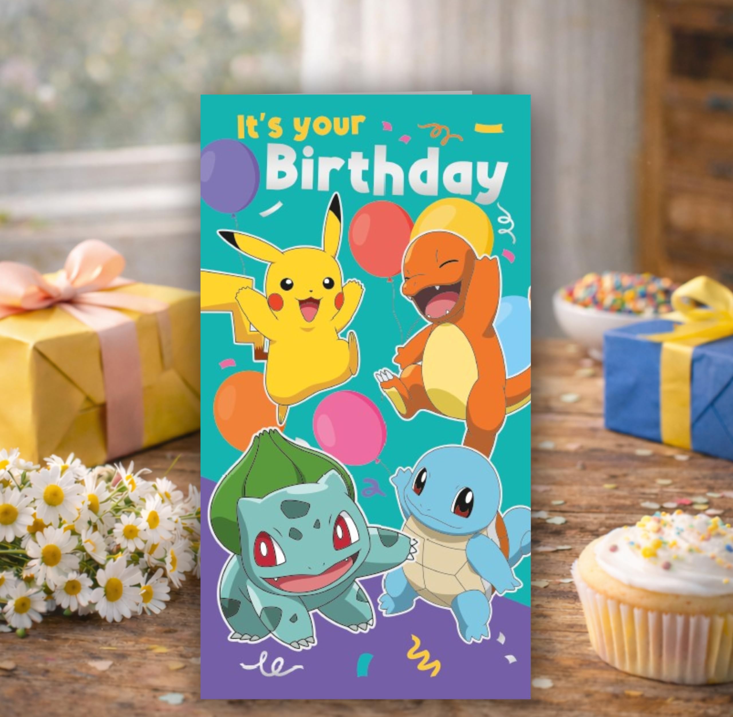 Danilo Promotions LTD Pokémon Birthday Greeting Card | Features Pikachu, Charmander, Bulbasaur, Squirtle | Standard Size 4