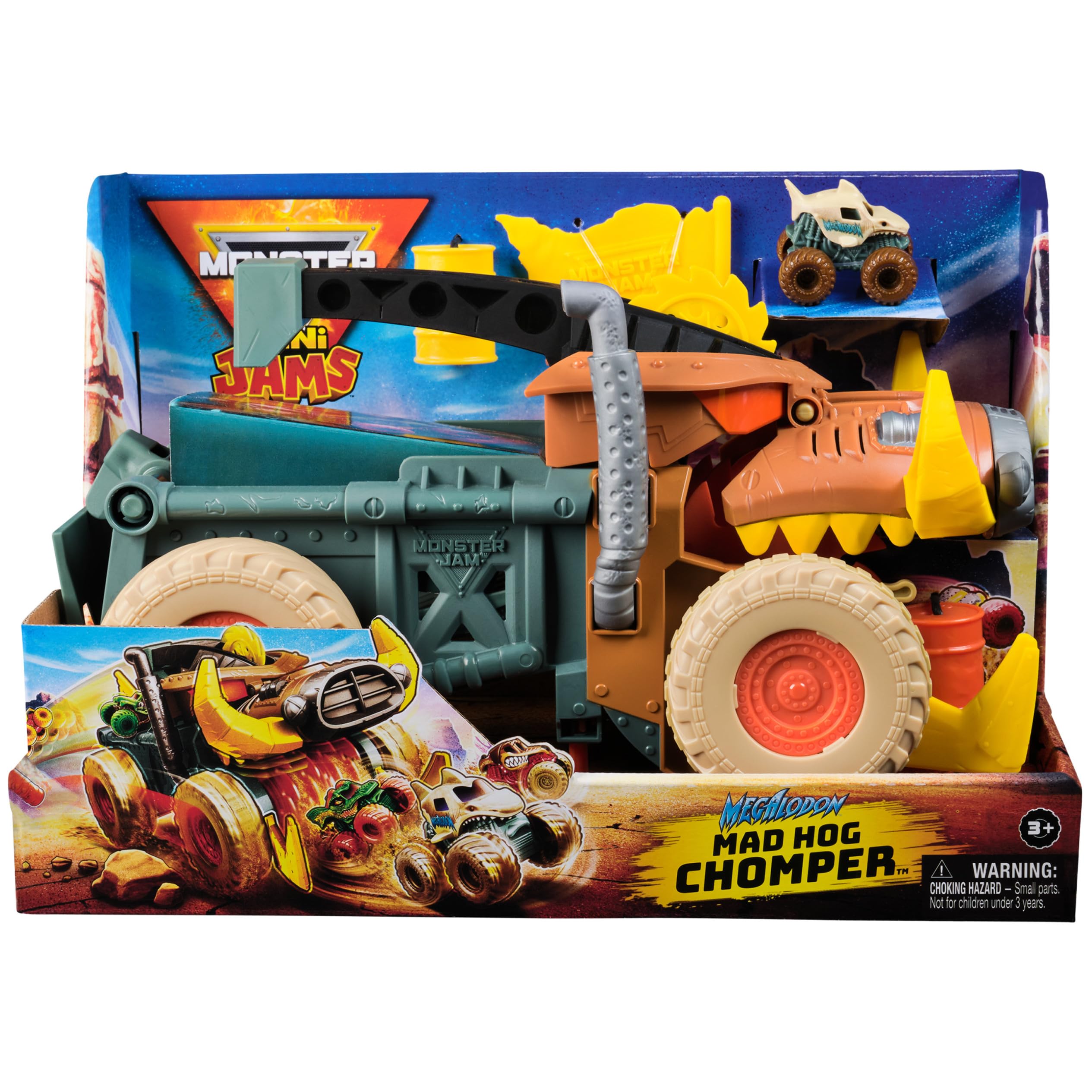 Monster Jam Mini Jams Megalodon Mad Hog Chomper - Chomping Action Playset for Kids 4