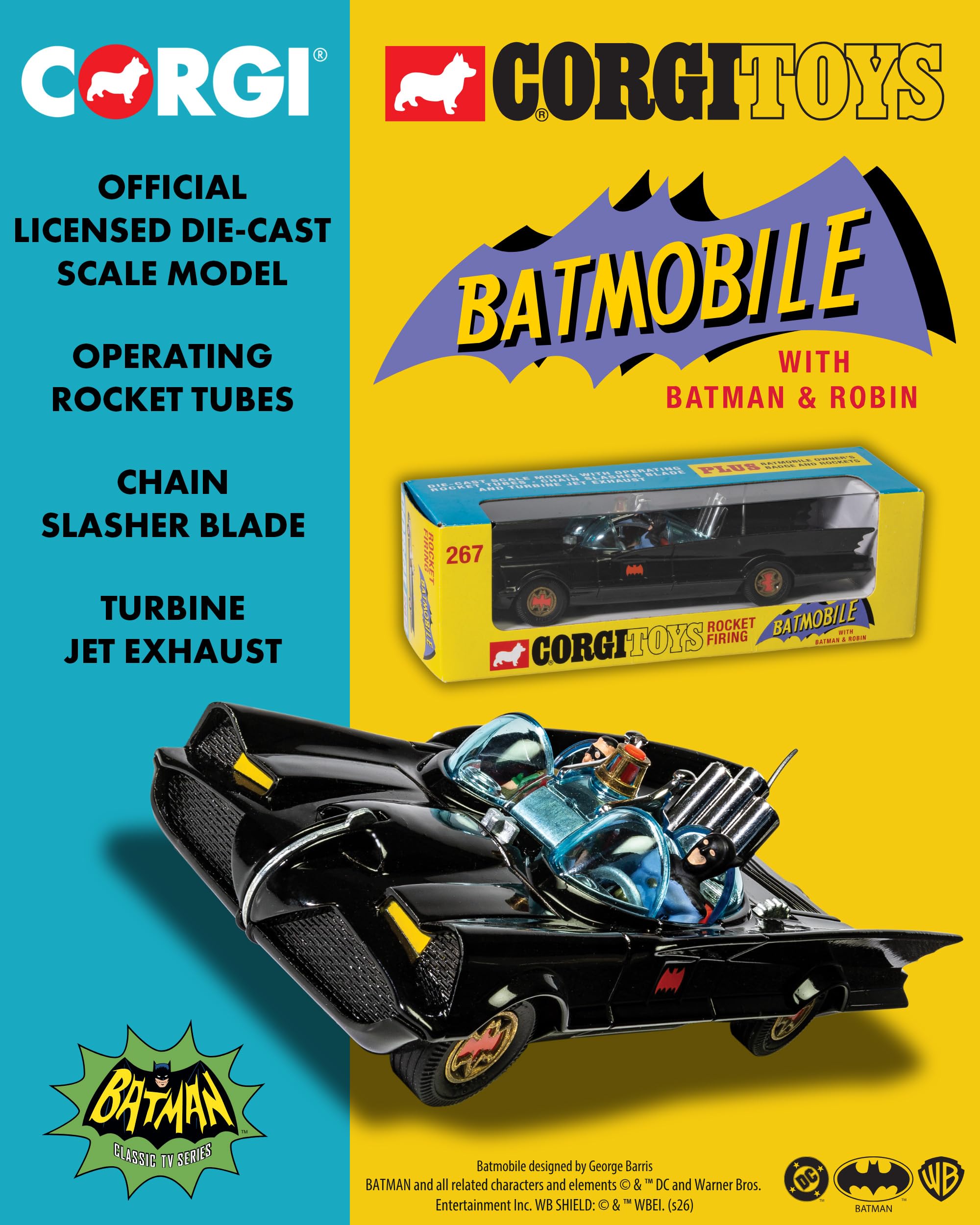 Corgi RT26701 Diecast Model Batmobile with Batman and Robin | Metal Construction | Black