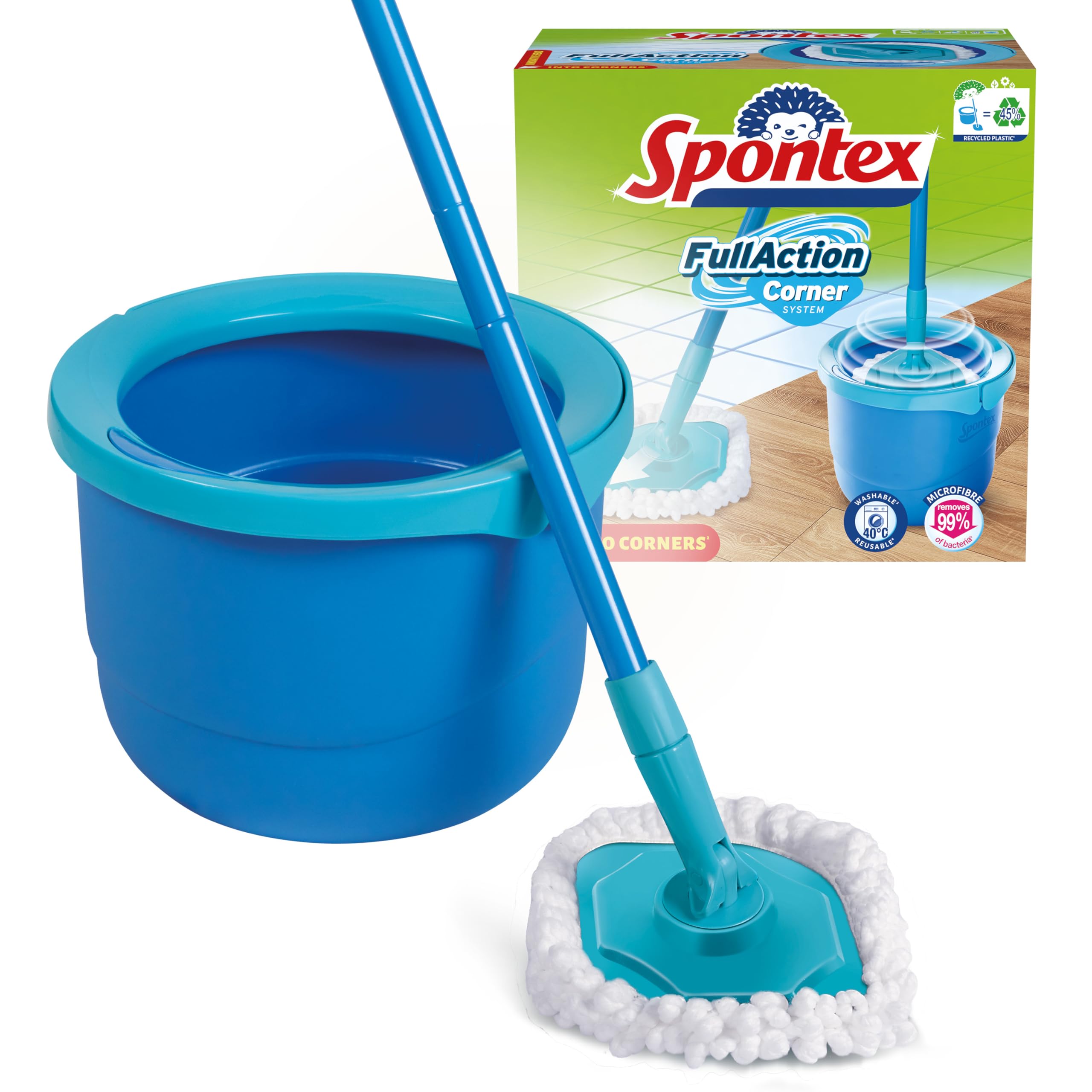 Spontex Full Action Corner System Spin Mop and Bucket Set with Microfibre Head