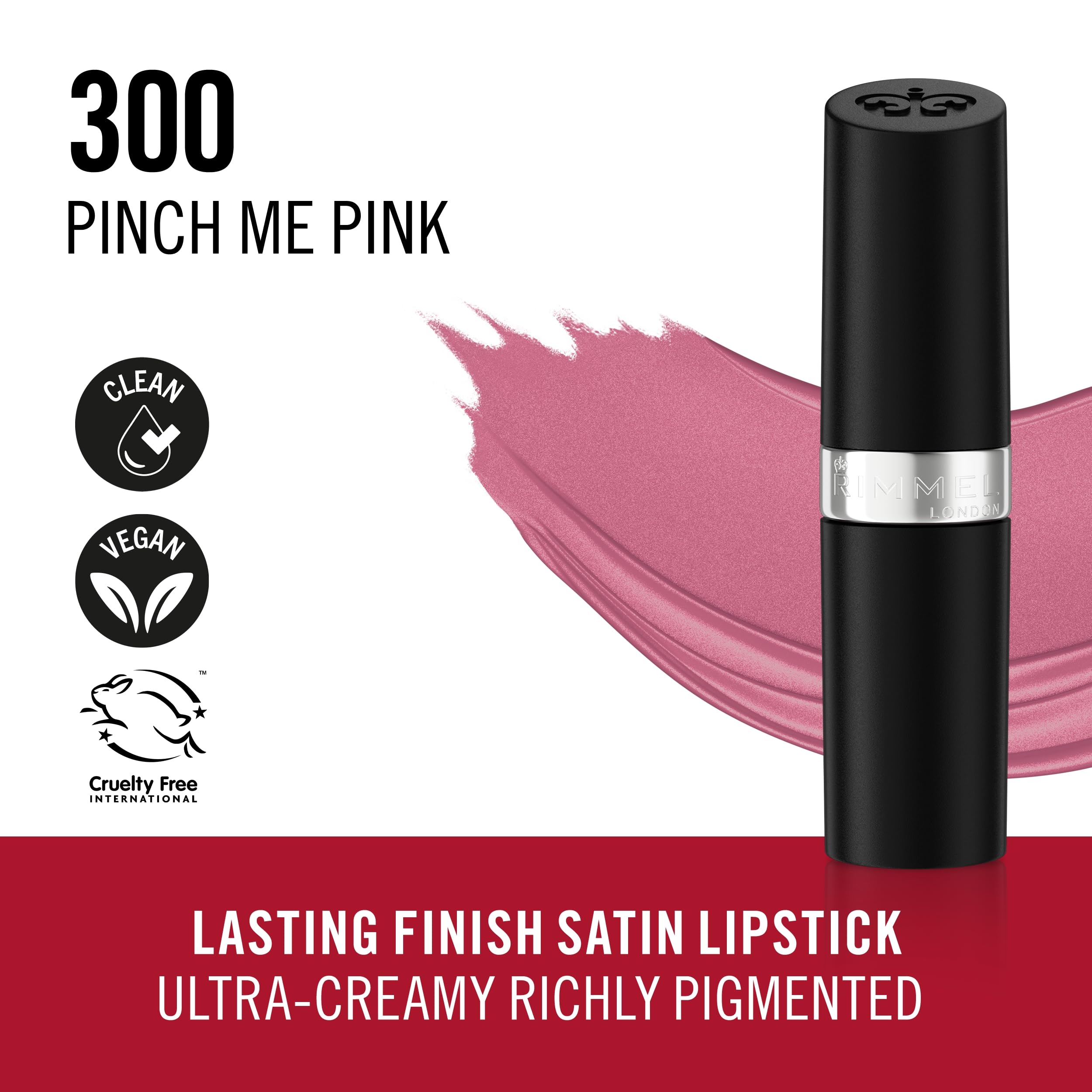 Rimmel Lasting Finish Lipstick 300 Pinch Me Pink - Creamy Satin Finish Long-Lasting Vegan Formula