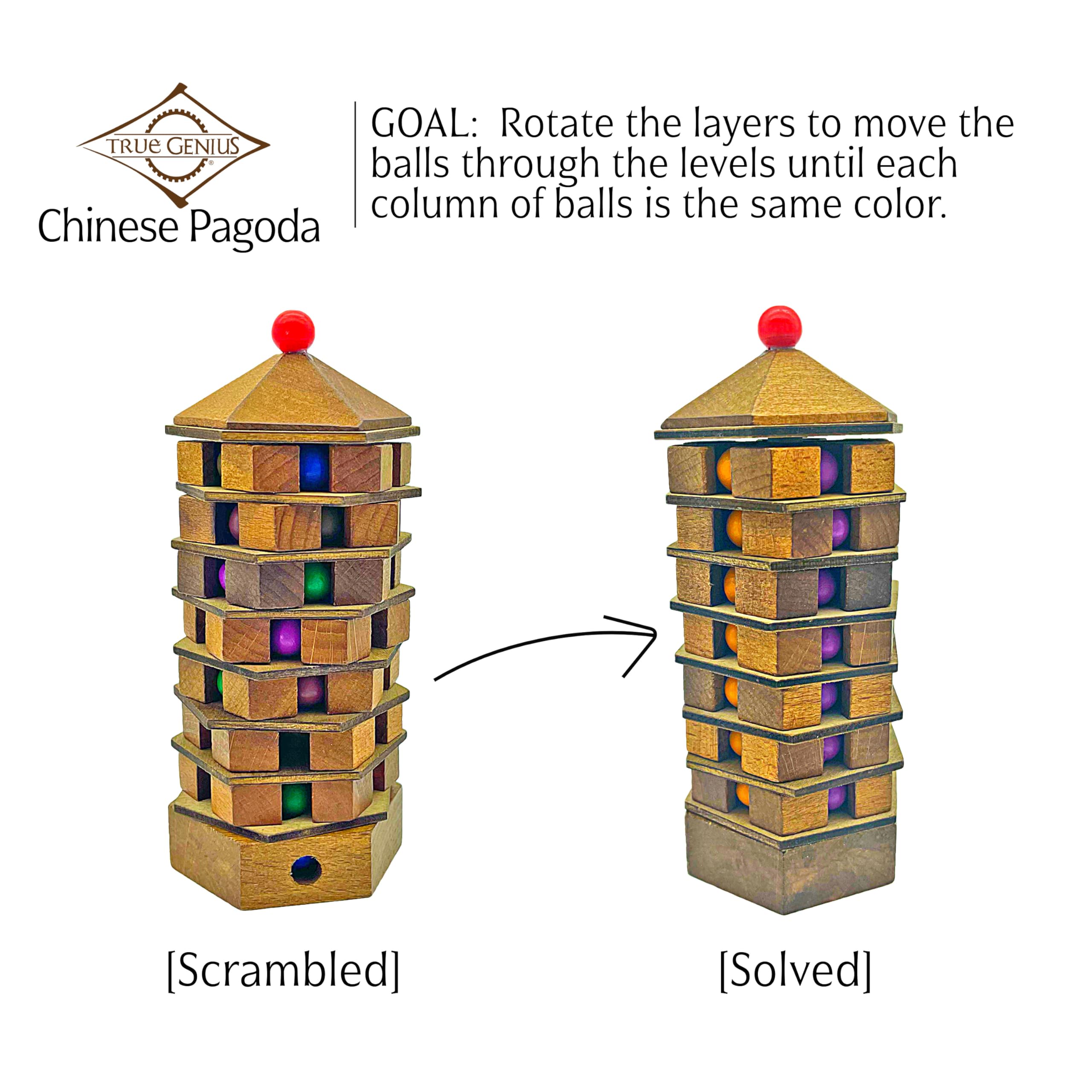 Chinese Pagoda Brain Teaser Puzzle - Solid Wood Logic Game for Adults & Kids, 8+ 8