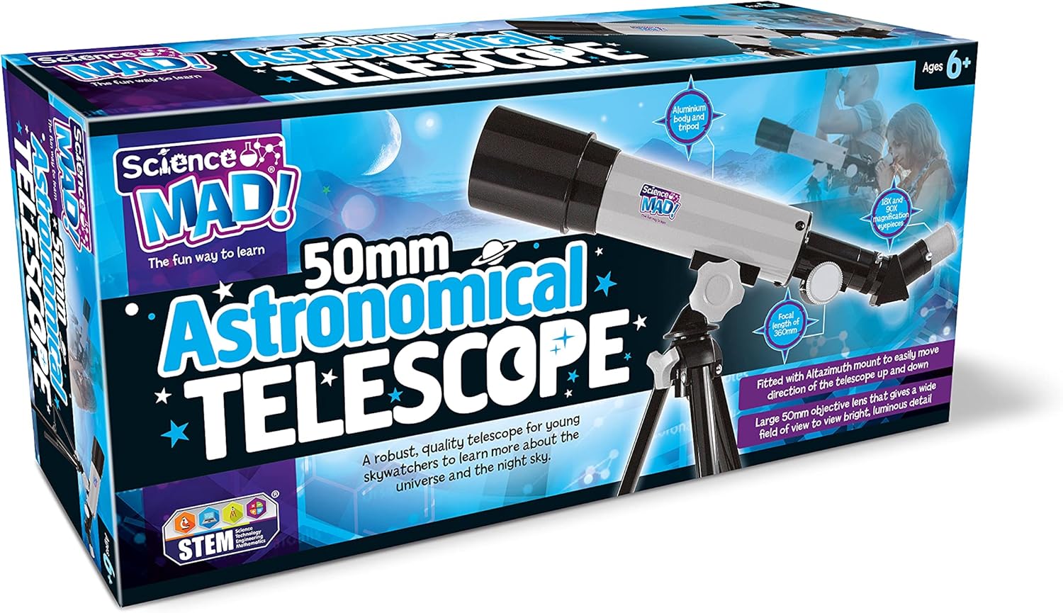 Science Mad SM52 50mm Astronomical Telescope - 90X Magnification for Kids 8+