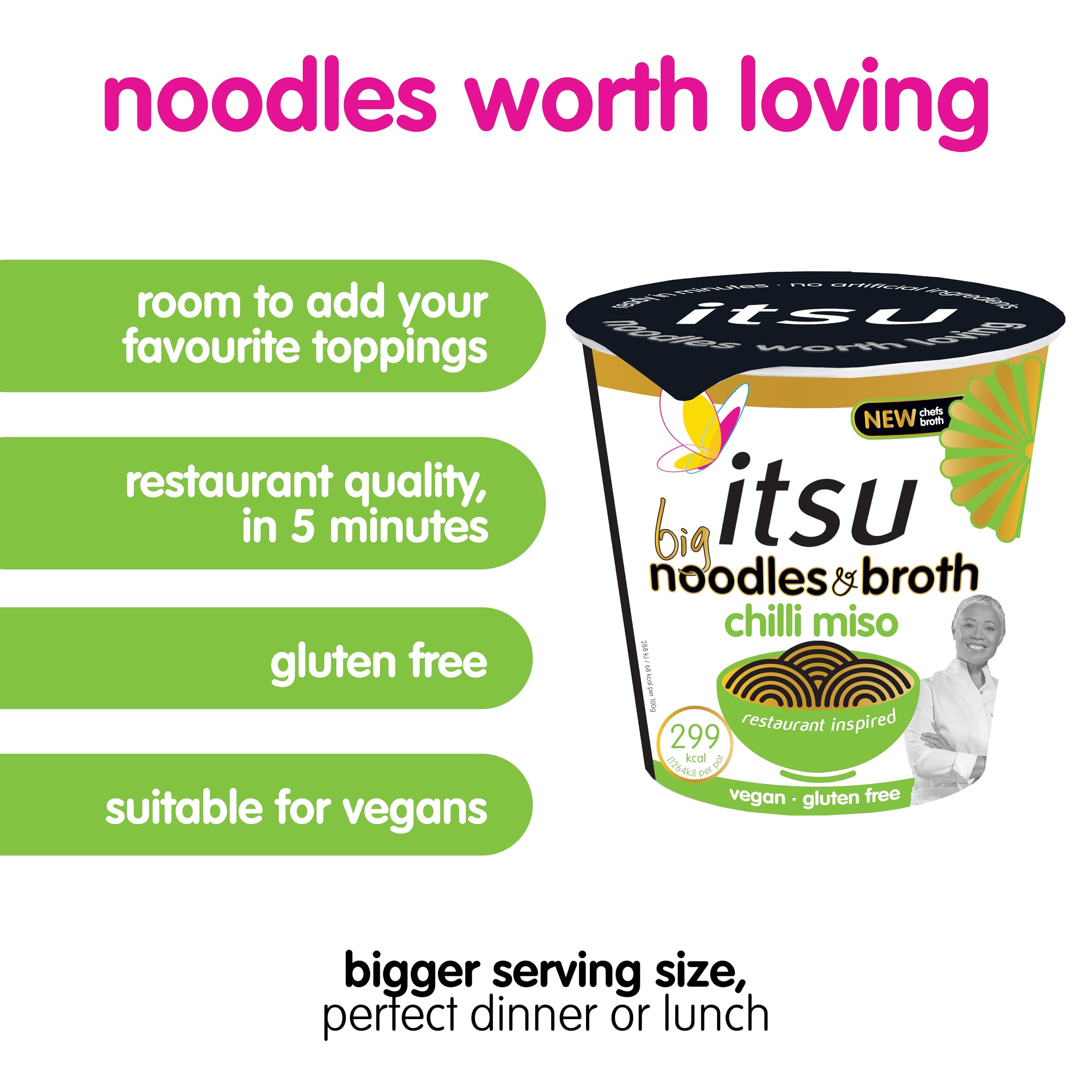 Itsu Big Chilli Miso Instant Noodles & Broth Pot 98g - Pack of 4 | Gluten Free Vegan Rice Noodles