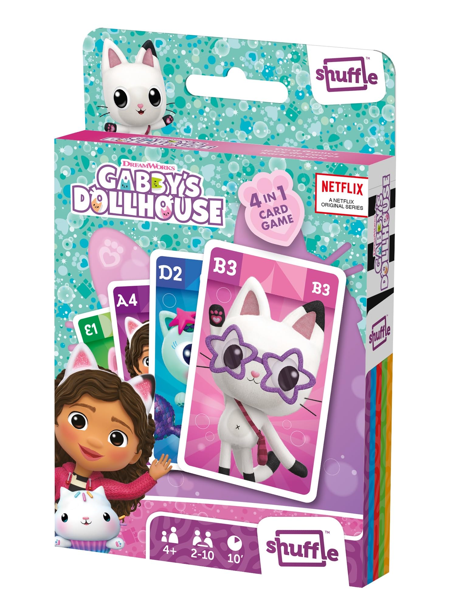 Shuffle Gabby's Dollhouse 4 in 1 Card Game for Kids - Snap, Pairs, Happy Families & Action Game
