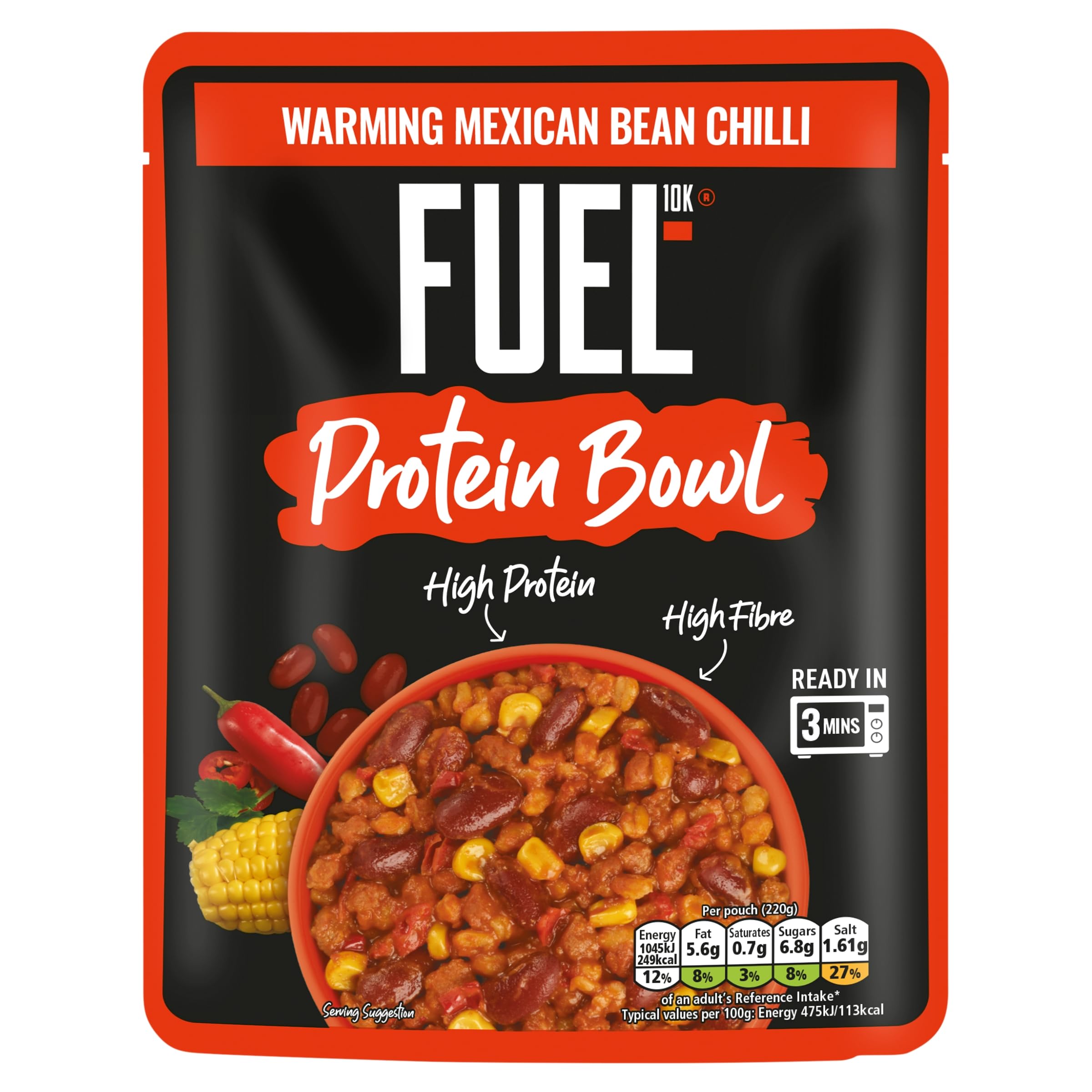 FUEL10K High Protein Mexican Bean Chilli Microwave Ready Meal - 14g Protein, Pack of 6 2