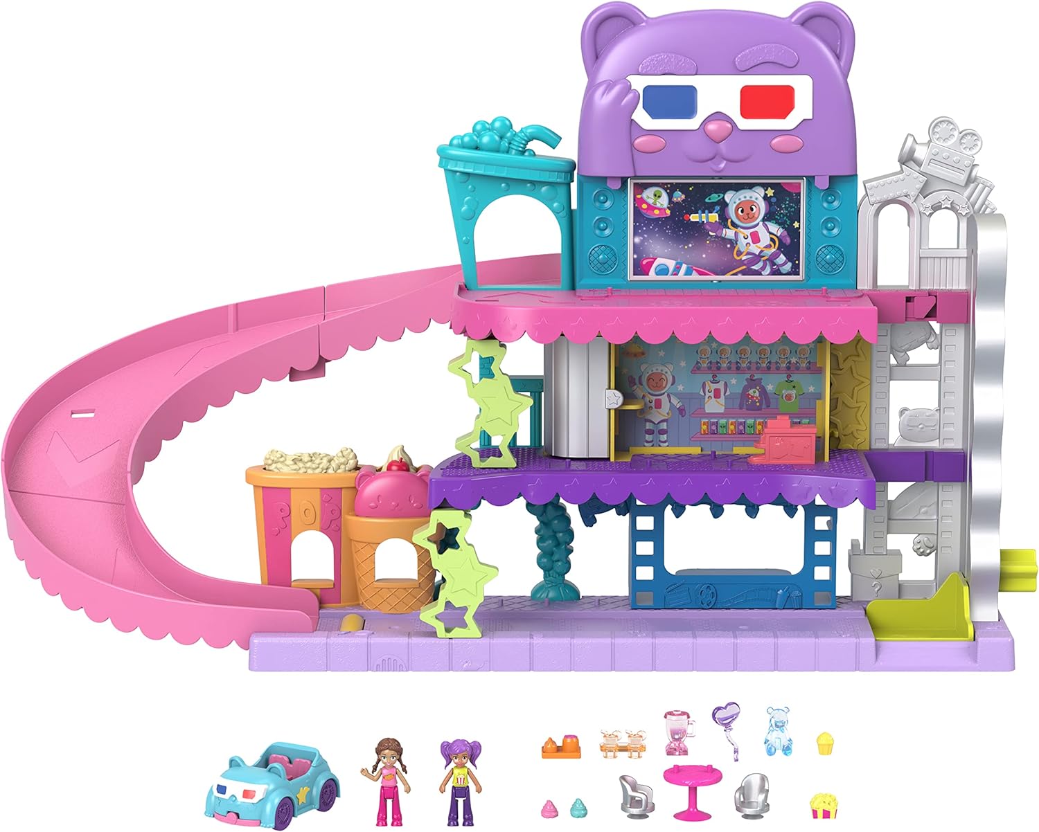 Polly Pocket Pollyville Drive-In Movie Theatre Playset - 3-Floor Interactive Playset with Micro Dolls & Car, Ages 4+