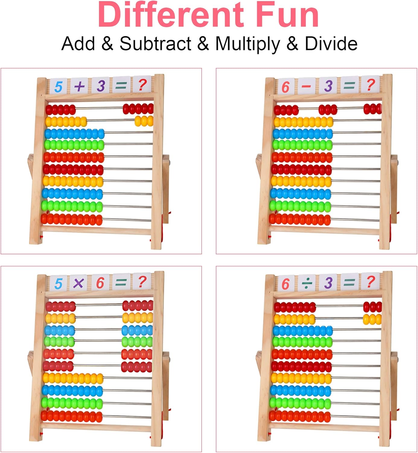 Wooden Frame Abacus for Kids - 10-Row Educational Toy with Multi-Color Beads, Alphabet & Number Cards 4