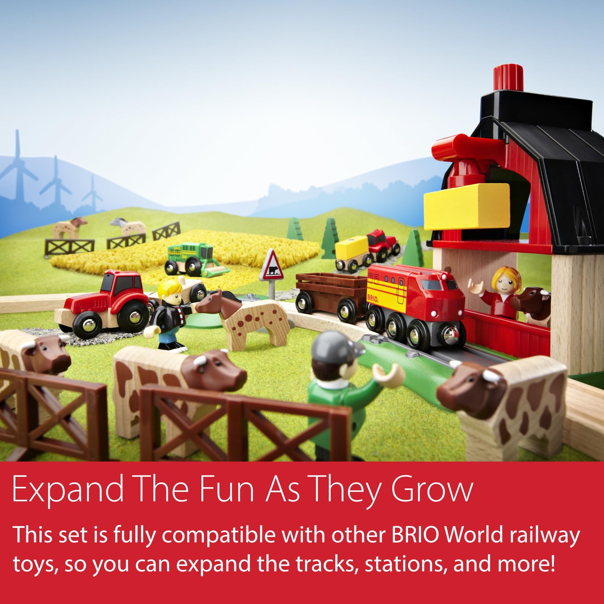 BRIO World Farm Engine Train Toy - Wooden Railway Add-On with Cattle Wagons and Animals 12