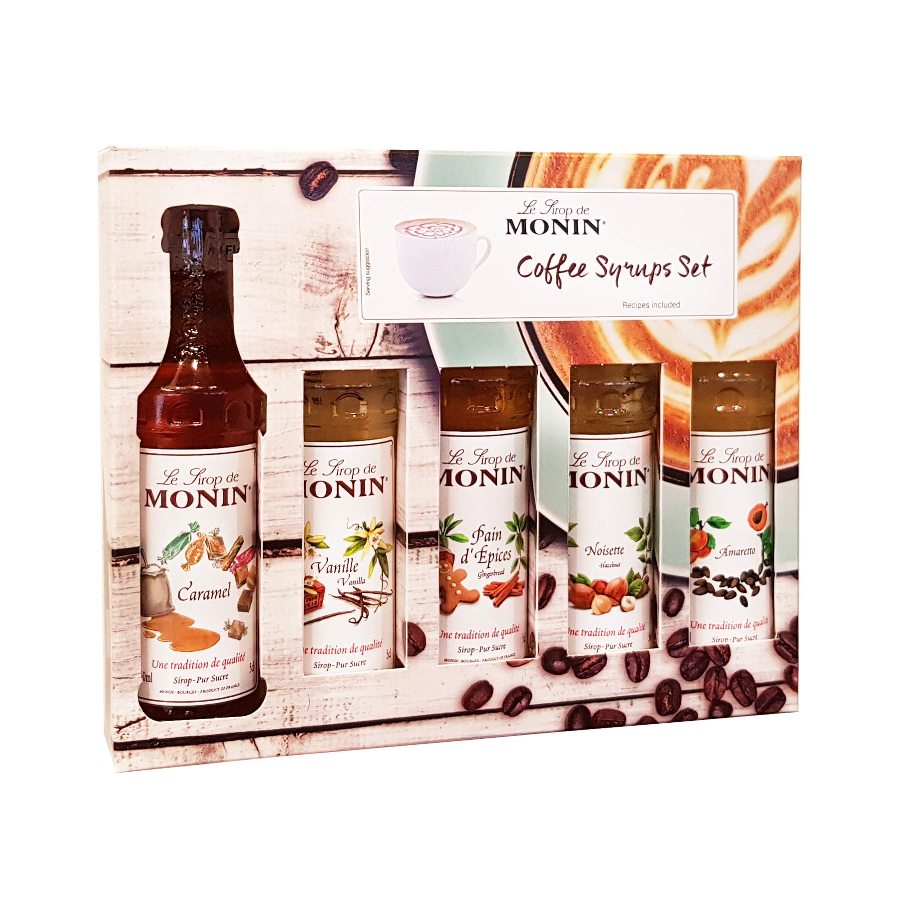 Monin Flavoured Coffee Syrup Gift Set - 5 x 50ml Bottles (Vanilla, Caramel, Hazelnut, Amaretto, Gingerbread) 3