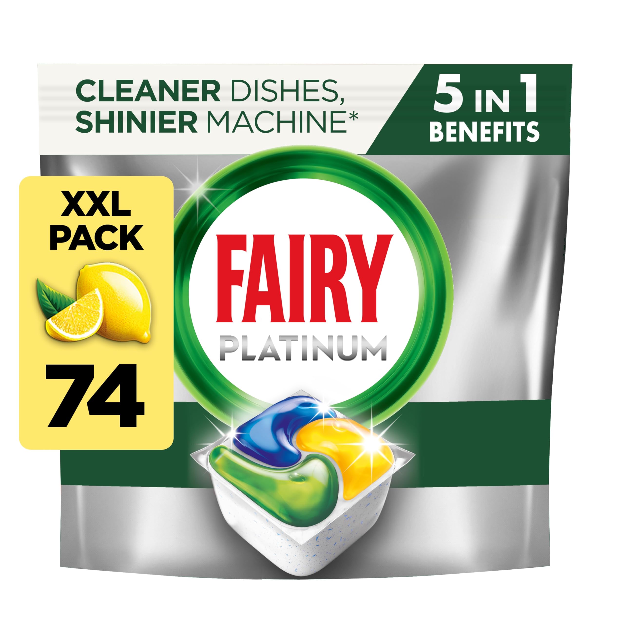 Fairy Platinum All-In-1 Dishwasher Tablets Lemon - 74 Count | Grease Prevention & Rinse Aid Action