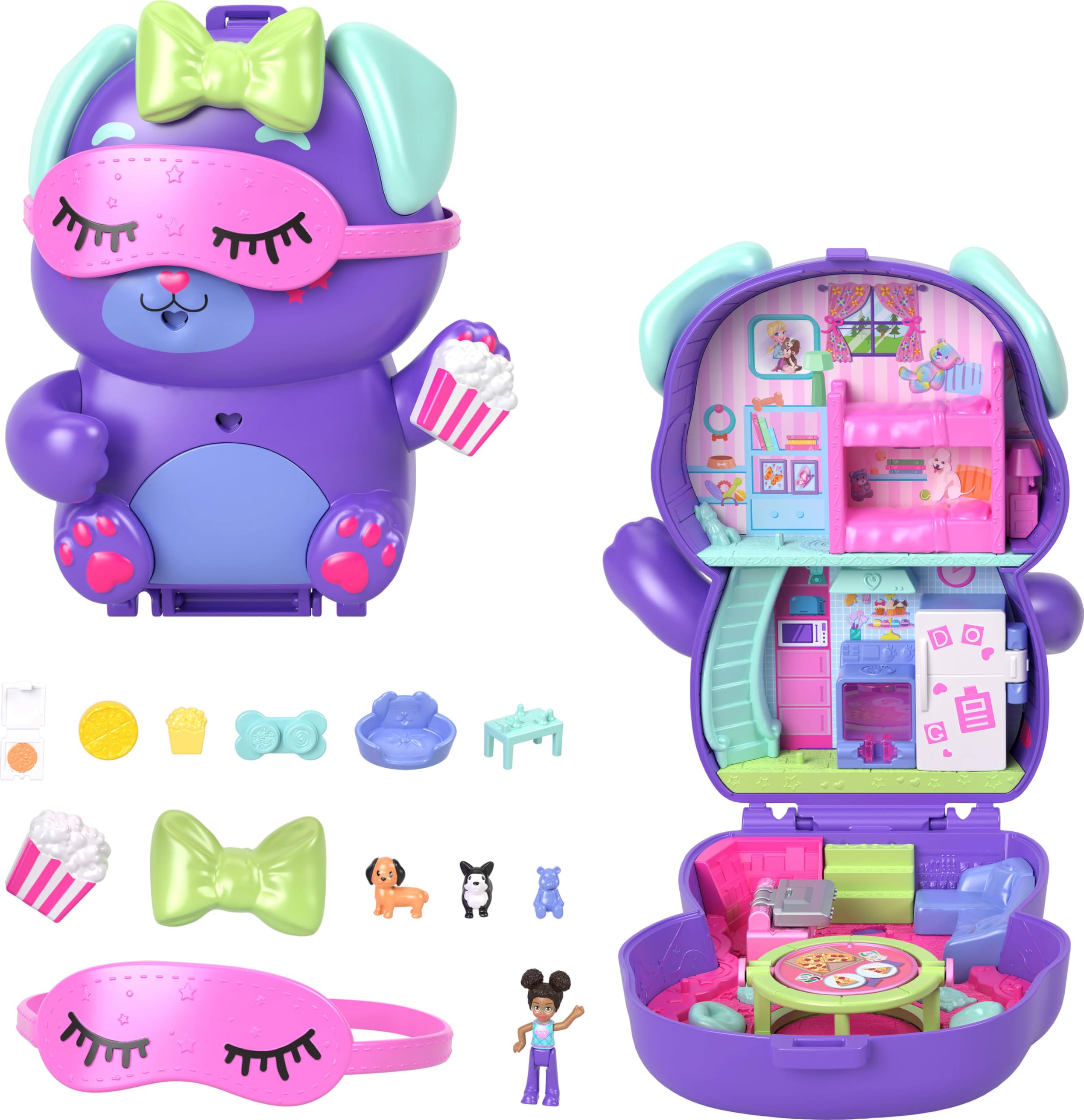 Polly Pocket Sleepover Puppy Compact Playset - 10 Accessories & 2 Pet Dogs, Ages 4+