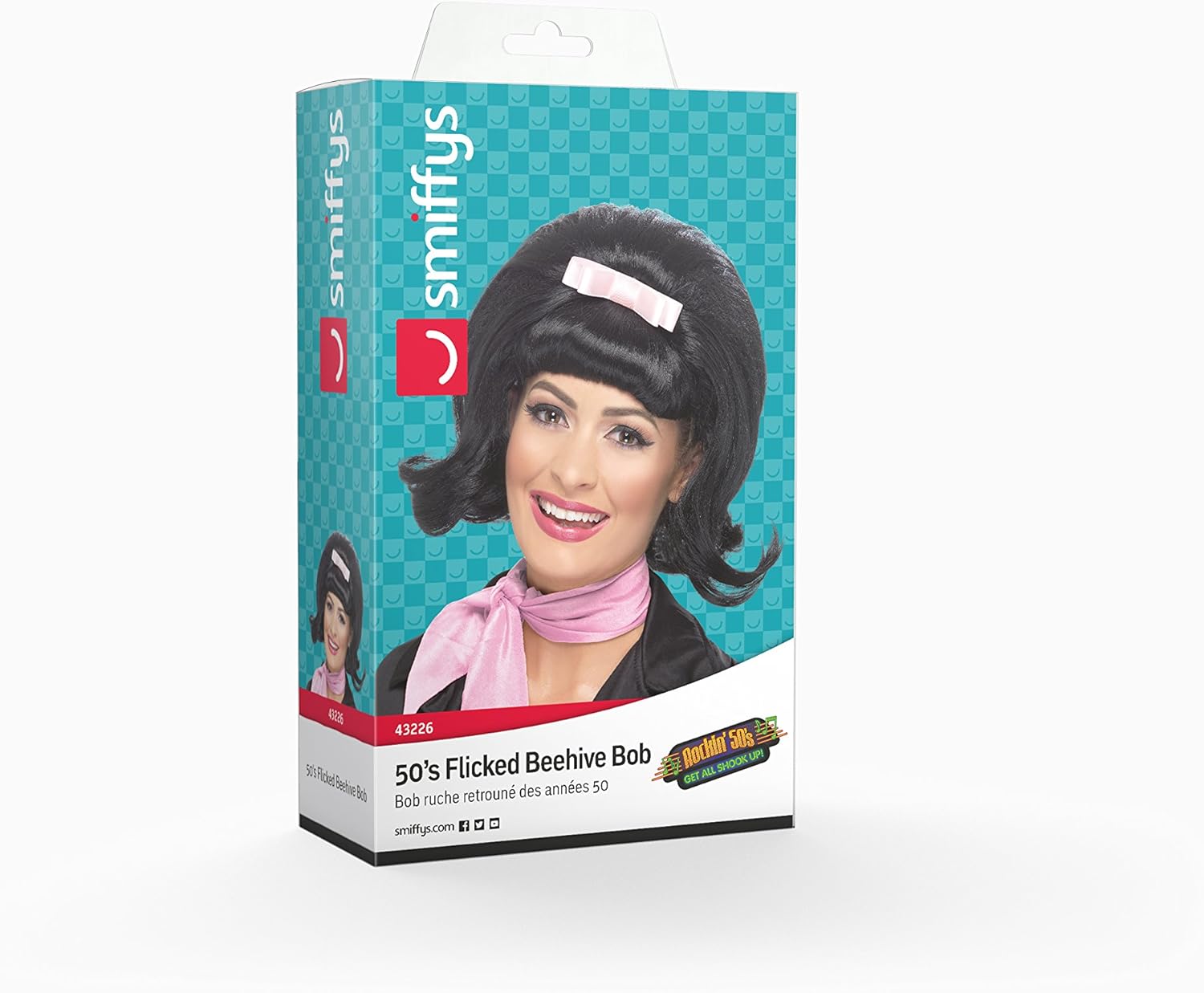 Smiffys 1950s Flicked Beehive Bob Wig with Ribbon Bow - Black