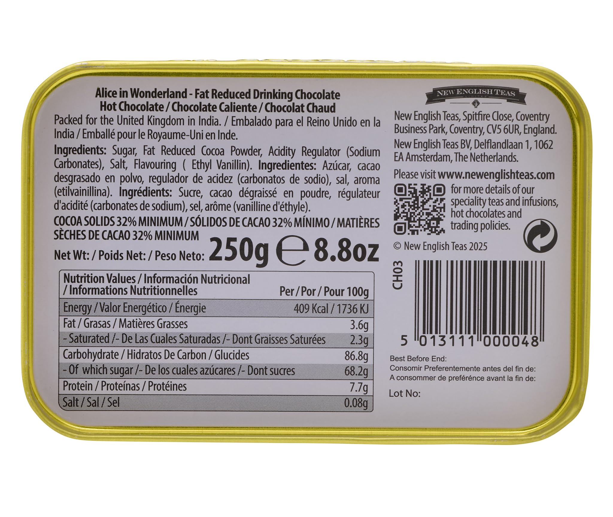 New English Teas Alice in Wonderland Hot Chocolate Tin - Rich Powder Mix | 250g