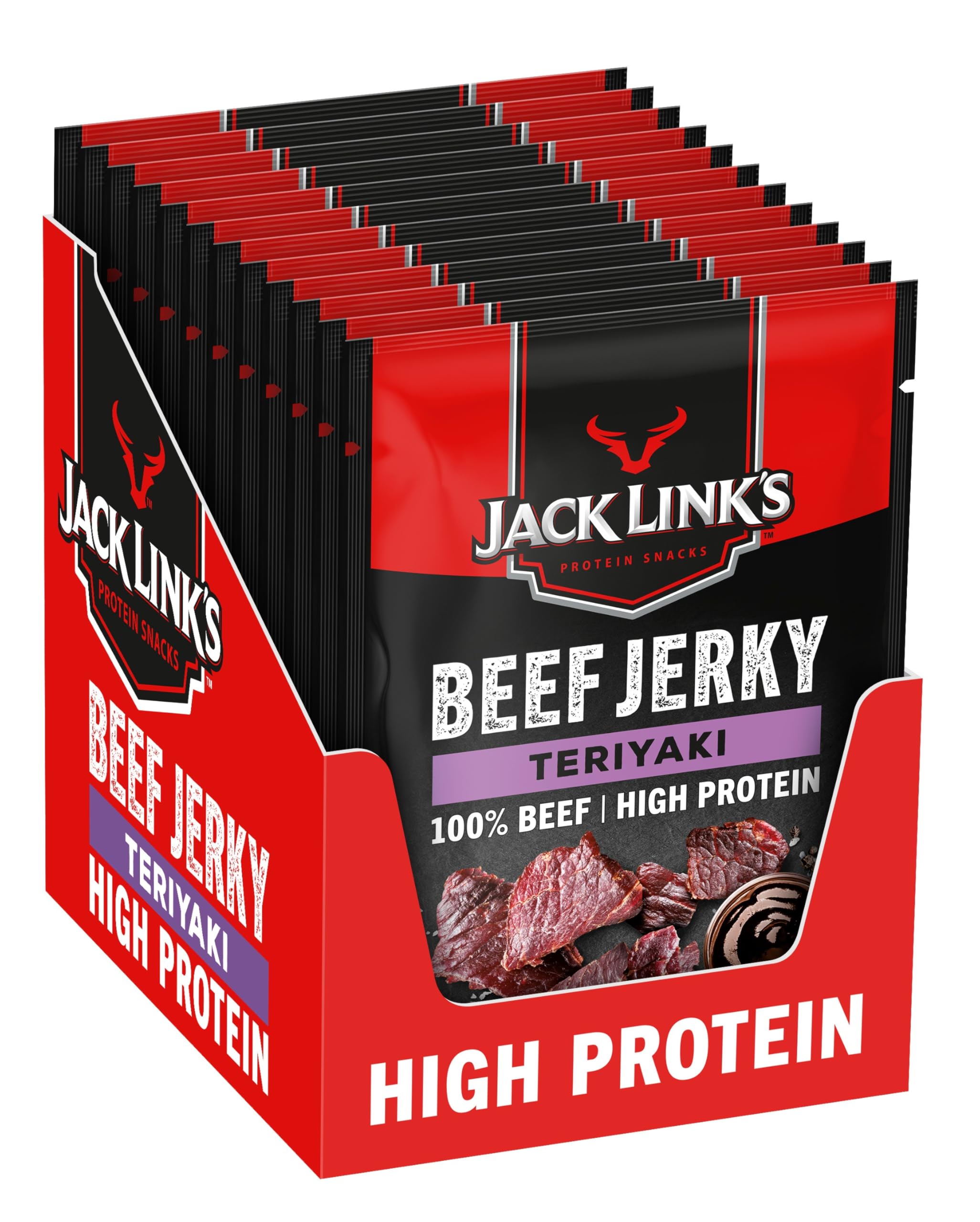 Jack Link's Beef Jerky Teriyaki, Box of 12 x 40 g, High Protein Dried Meat Snack