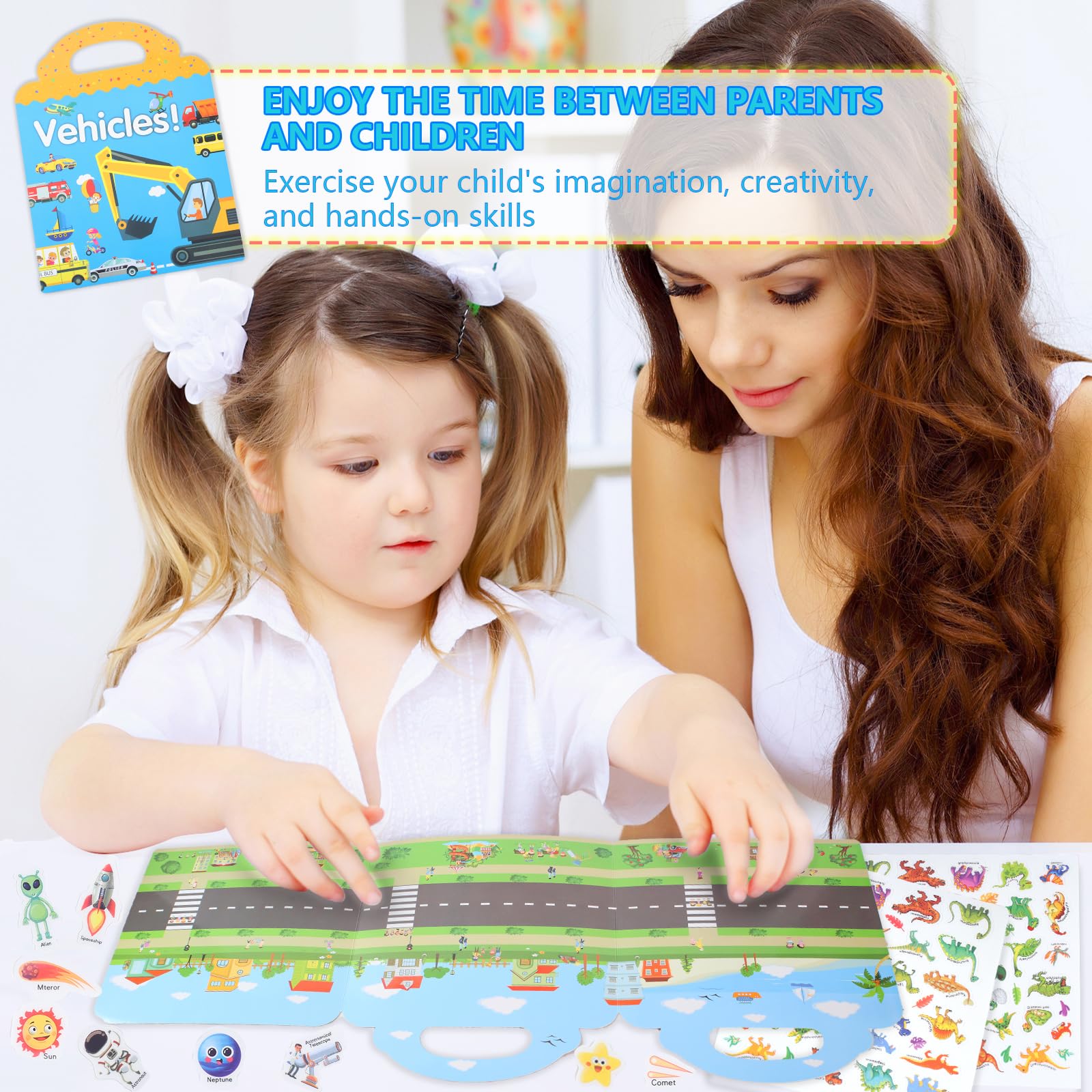 MOXYOY 2 Pack Reusable Sticker Books for Kids - Dinosaur & Vehicle Themes, Educational DIY Toys for Ages 3+ 7