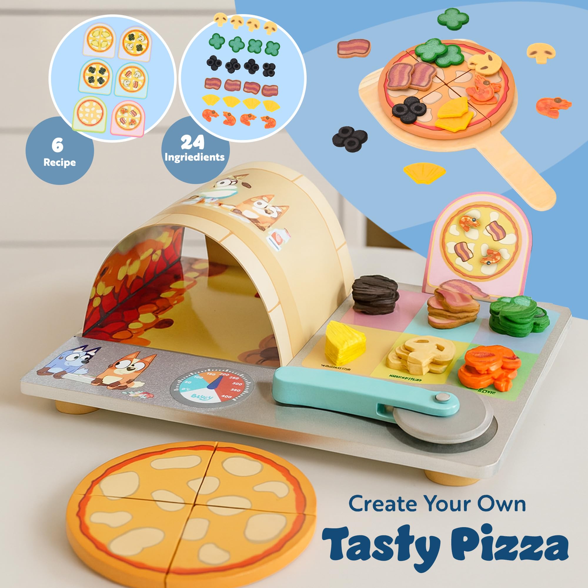 Bluey Pizza Girls Set - 35-Piece Wooden Pretend Play Food Set