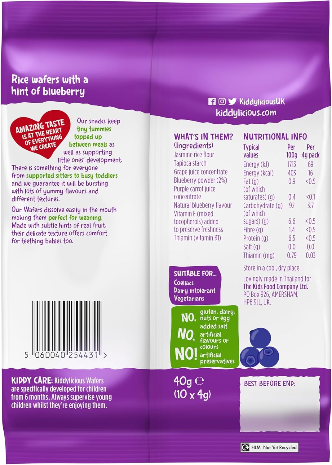 Kiddylicious - Blueberry Rice Wafers Gluten & Dairy Free Baby Snack 8