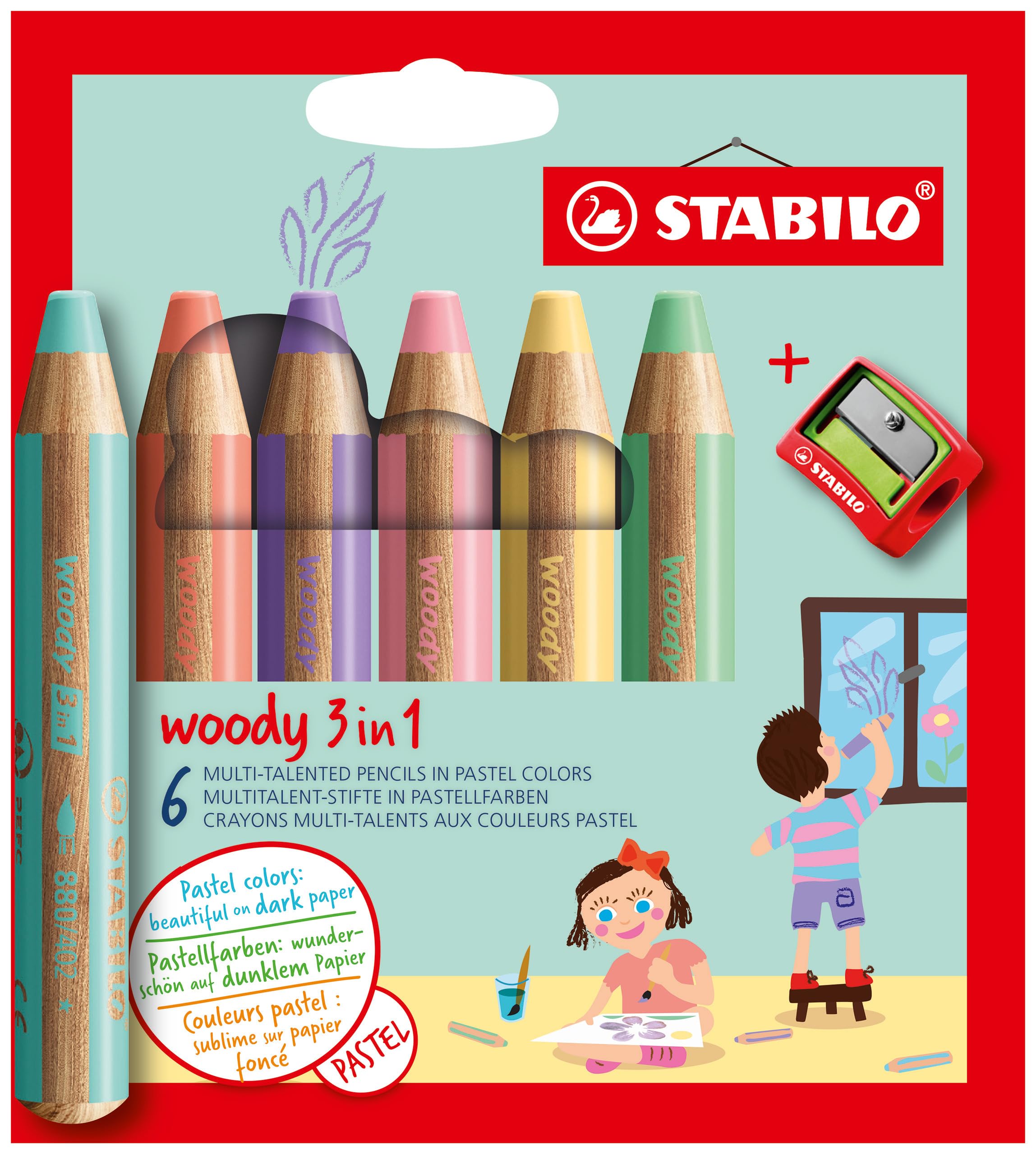 STABILO woody 3-in-1 Multi-talented Coloured Pencils - Pastel Assortment | 6 Count