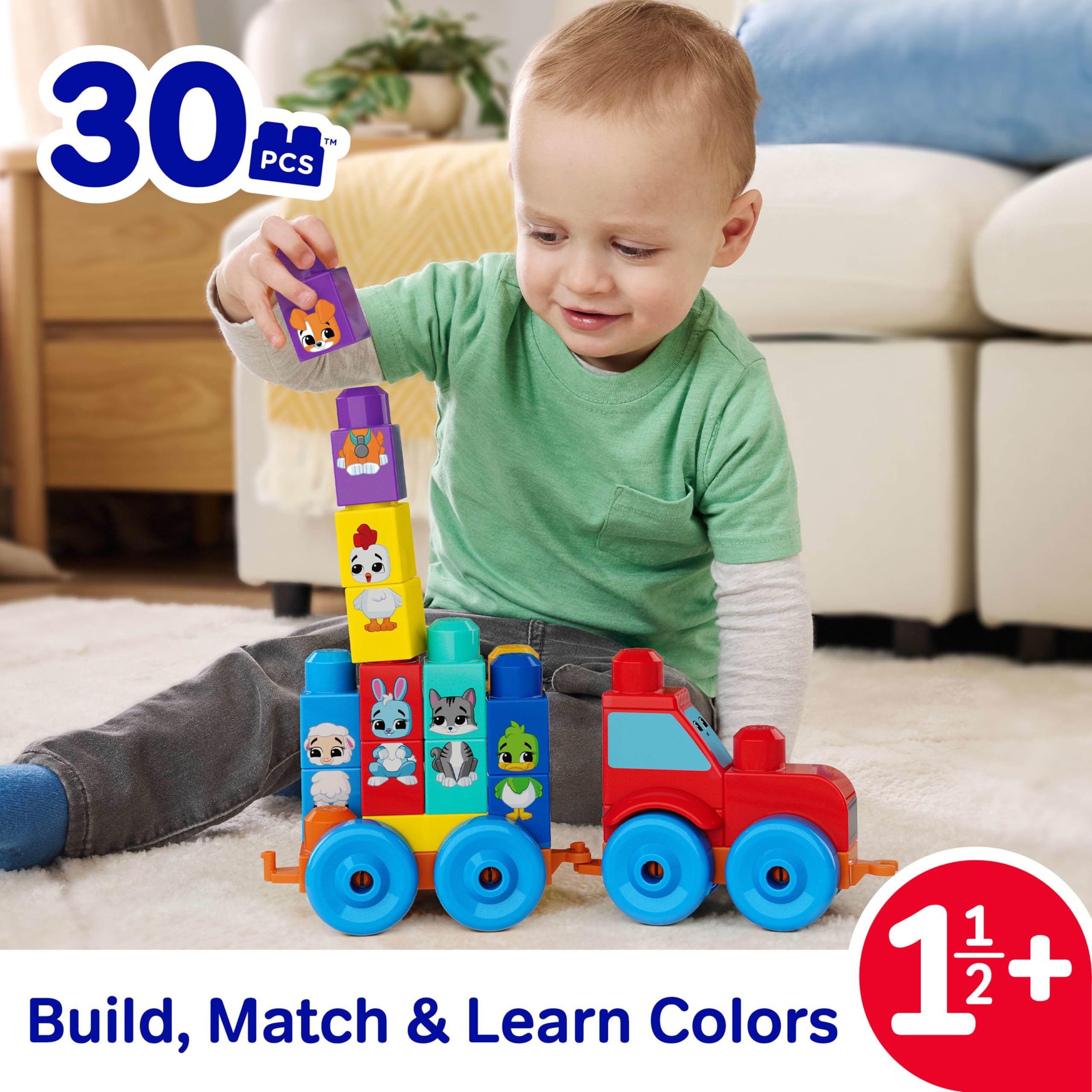 Mega Bloks First Builders Toddler Block Toys Set - Build & Match Animal Tractor, 30 Pieces, Ages 1.5+