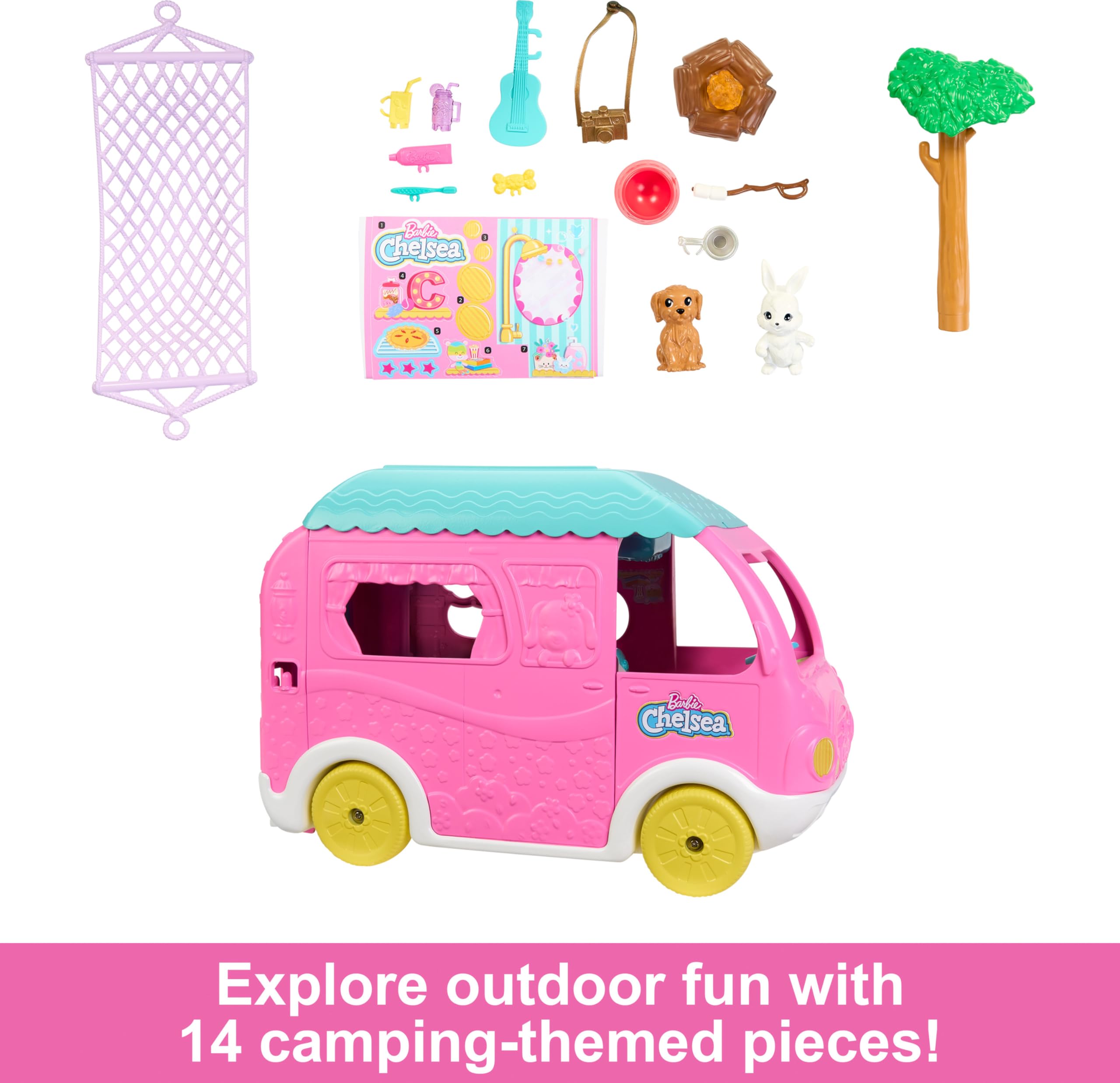 Barbie Chelsea 2-in-1 Camper Playset - Transforming Vehicle with Doll, 2 Pets & 15 Accessories for Kids 3+ 10