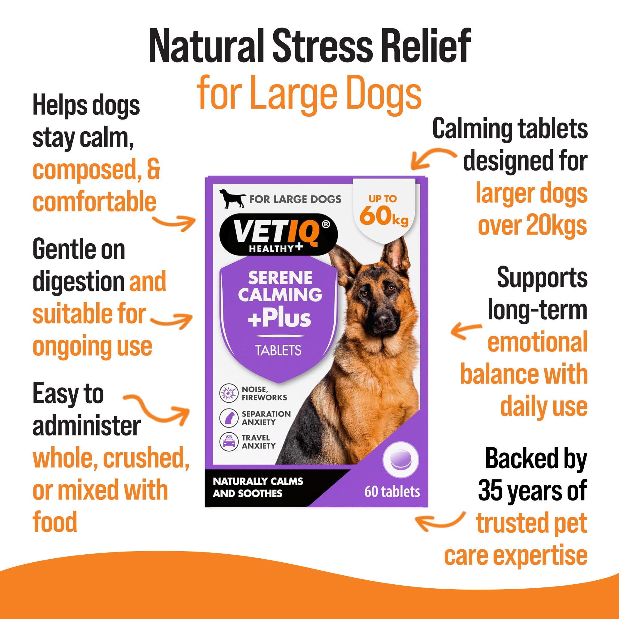 VETIQ Serene Calming Plus+ Tablets for Large Dogs (60 Count) | Stress & Anxiety Relief | Natural Ingredients