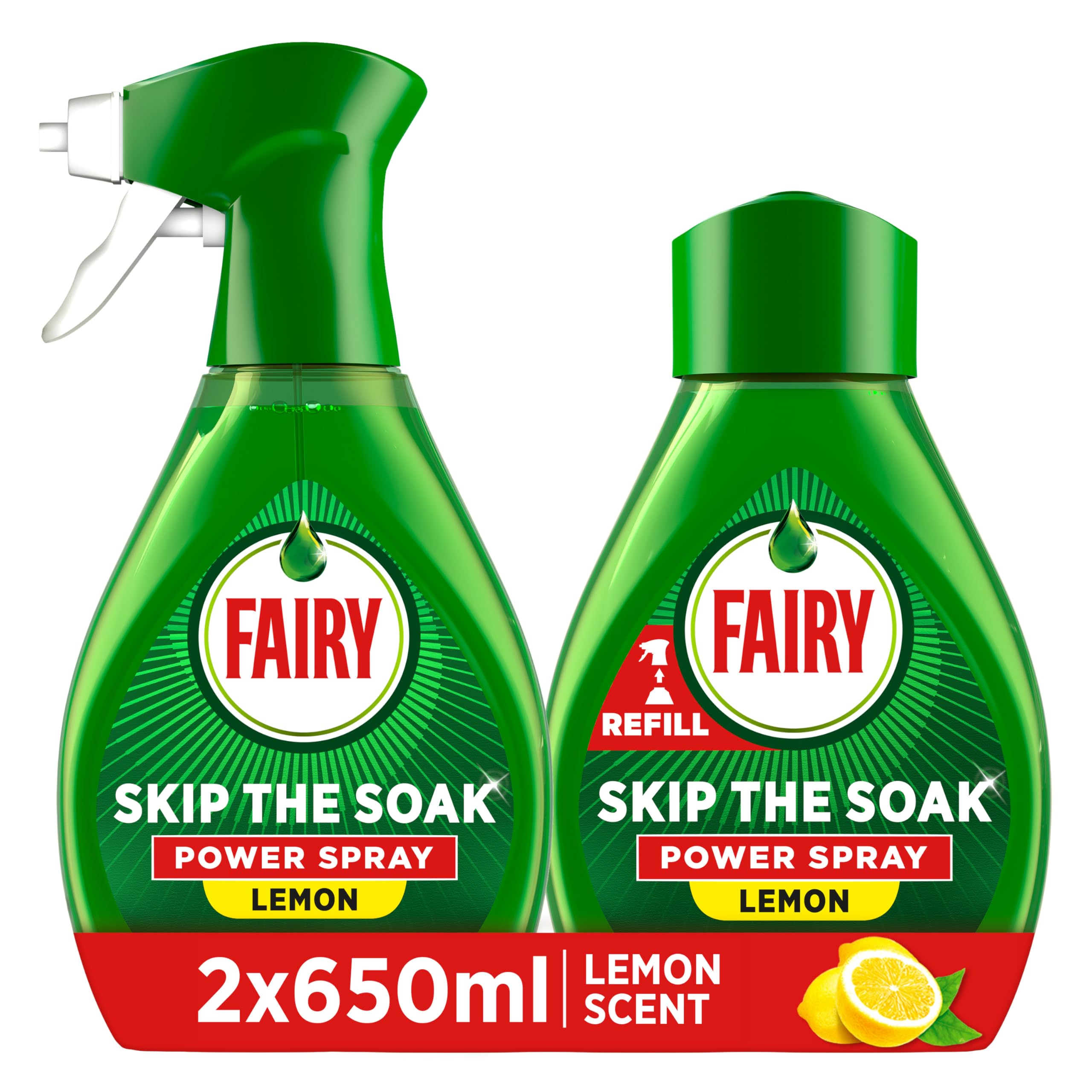 Fairy Skip the Soak Dish Spray Kit, Lemon, 1.3L (650ml Spray + 650ml Refill)