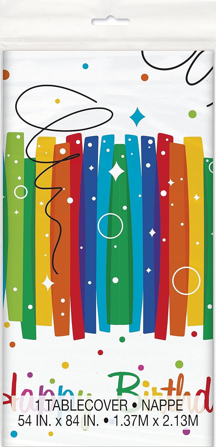 Plastic Rainbow Ribbons Birthday Tablecloth 7ft x 4.5ft - Rectangular Party Table Cover