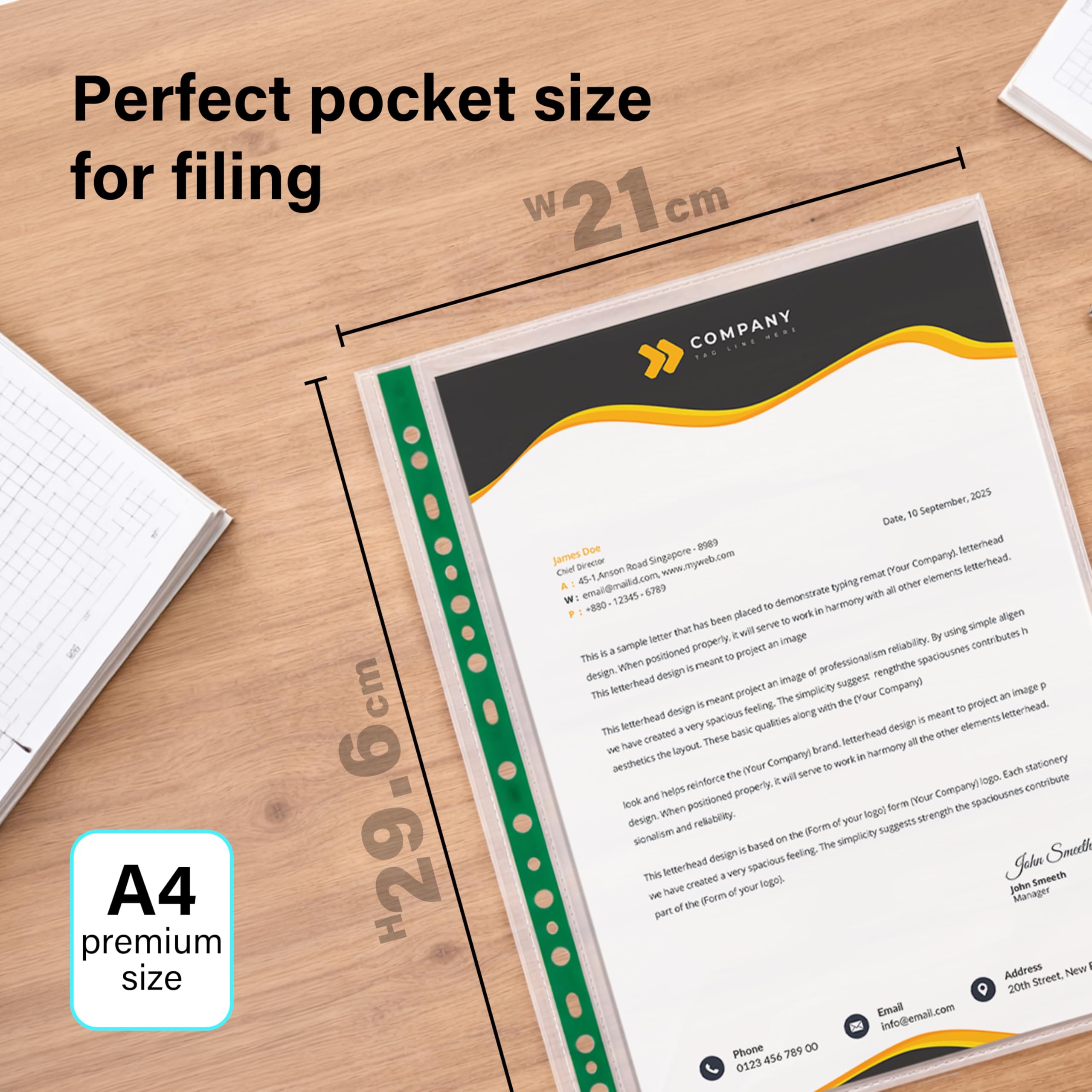 Ofah A4 Punch Pockets - 100 Pack Clear, Water Resistant PP Material for Filing | Model OF-PPA4100 7