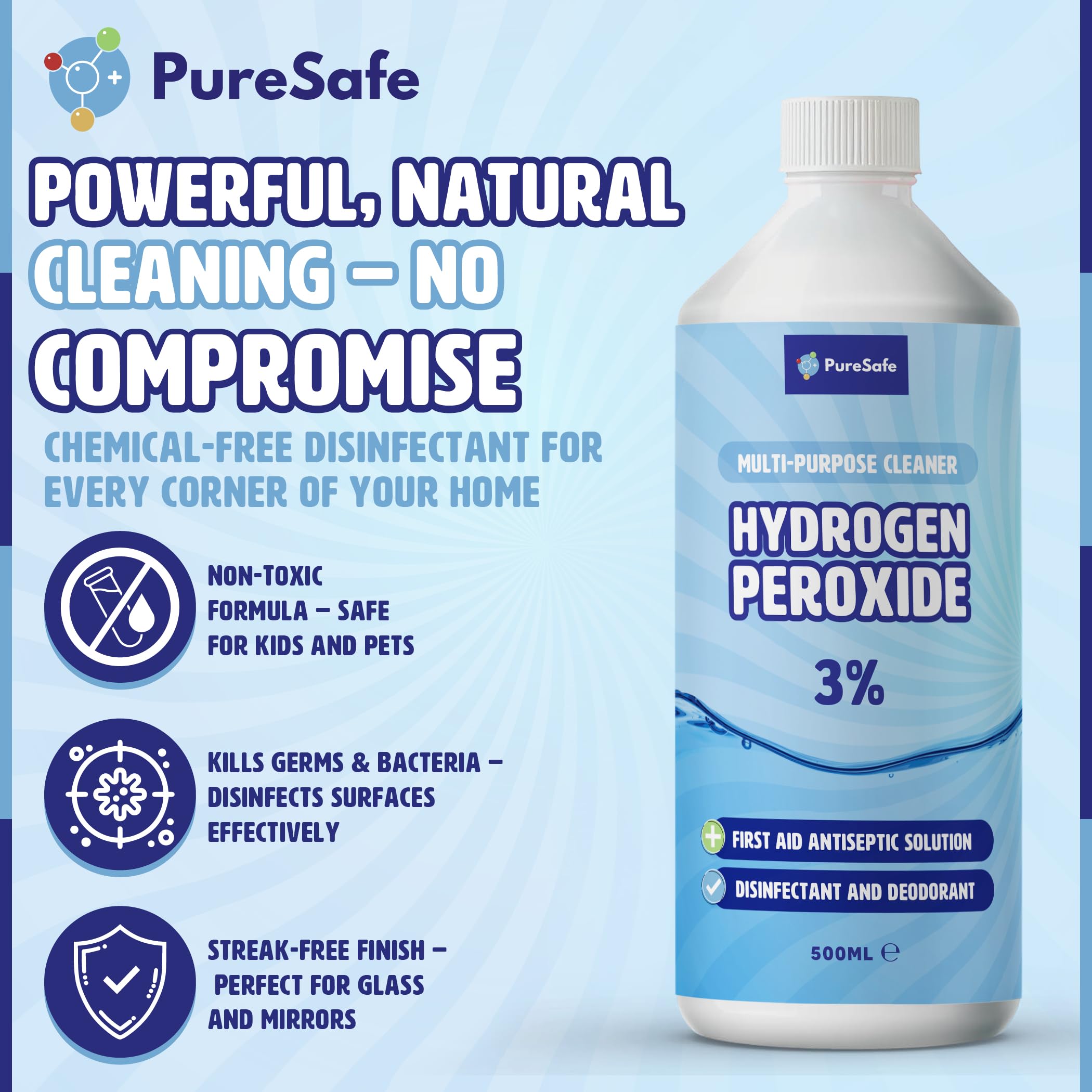 Pure Safe - Wasserstoffperoxid 3% Lösung 500ml – Mehrzweck-Desinfektionsreiniger 4