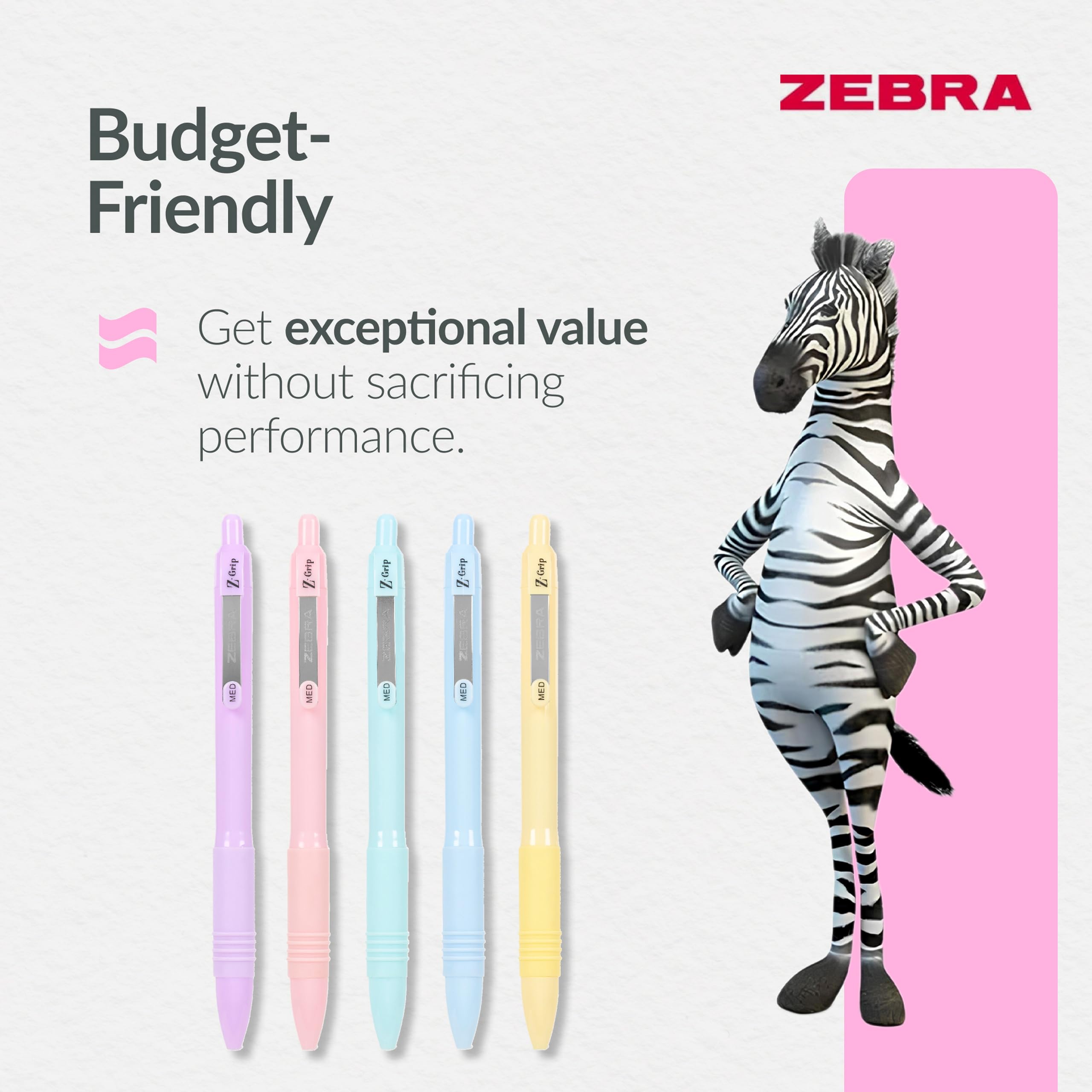 Zebra Pen Z-GRIP Smooth Ballpoint Pens Black Ink 5pk - Pastel Barrel 1mm Me 5