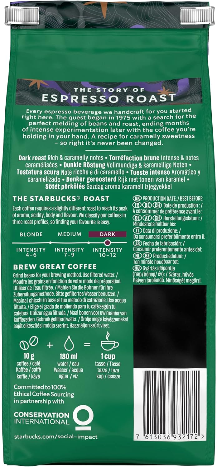 STARBUCKS - Espresso Roast Dark Roast Whole Bean Coffee 200g (Pack of 6) 6