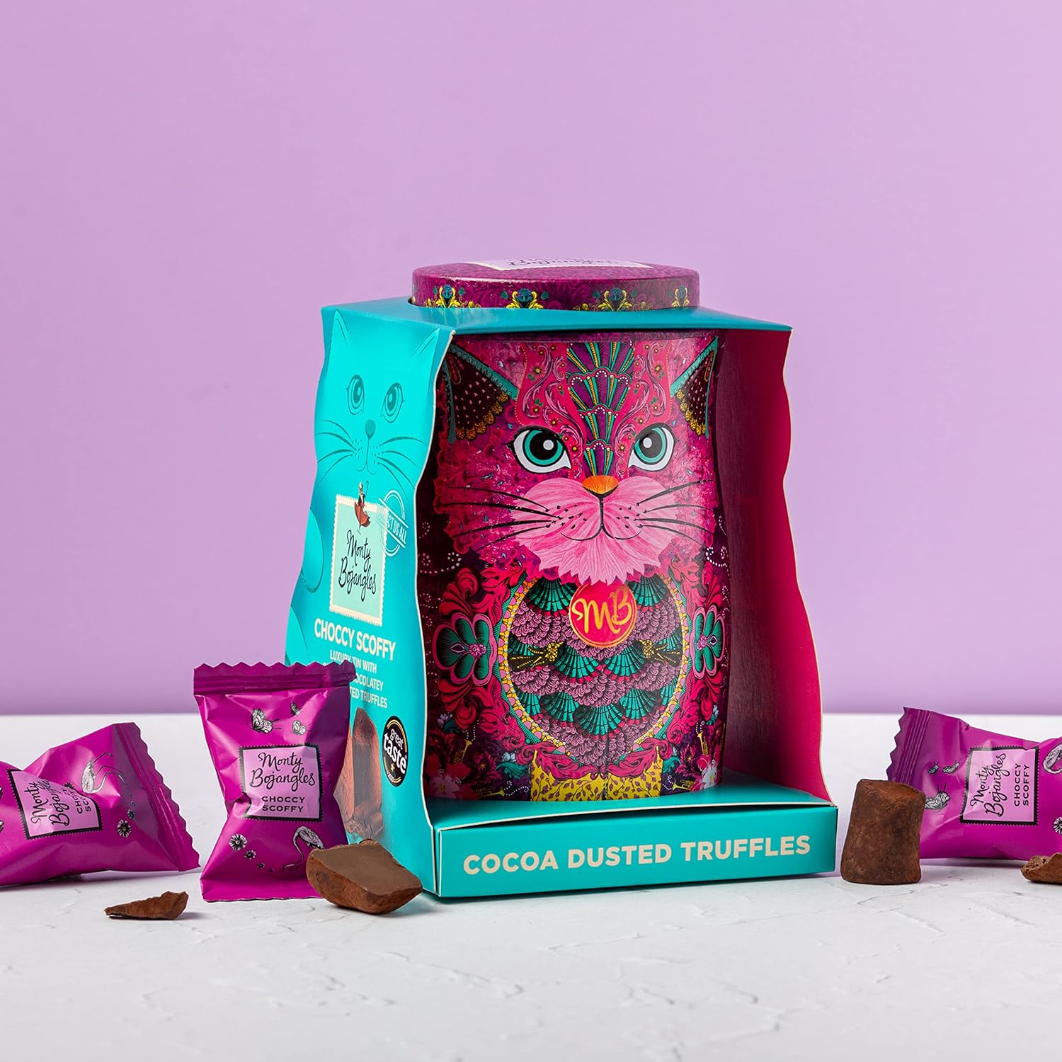Monty Bojangles Choccy Scoffy Cat Dose – Schokoladentrüffel mit Kakaostaub, Perserkatze in Pink 3