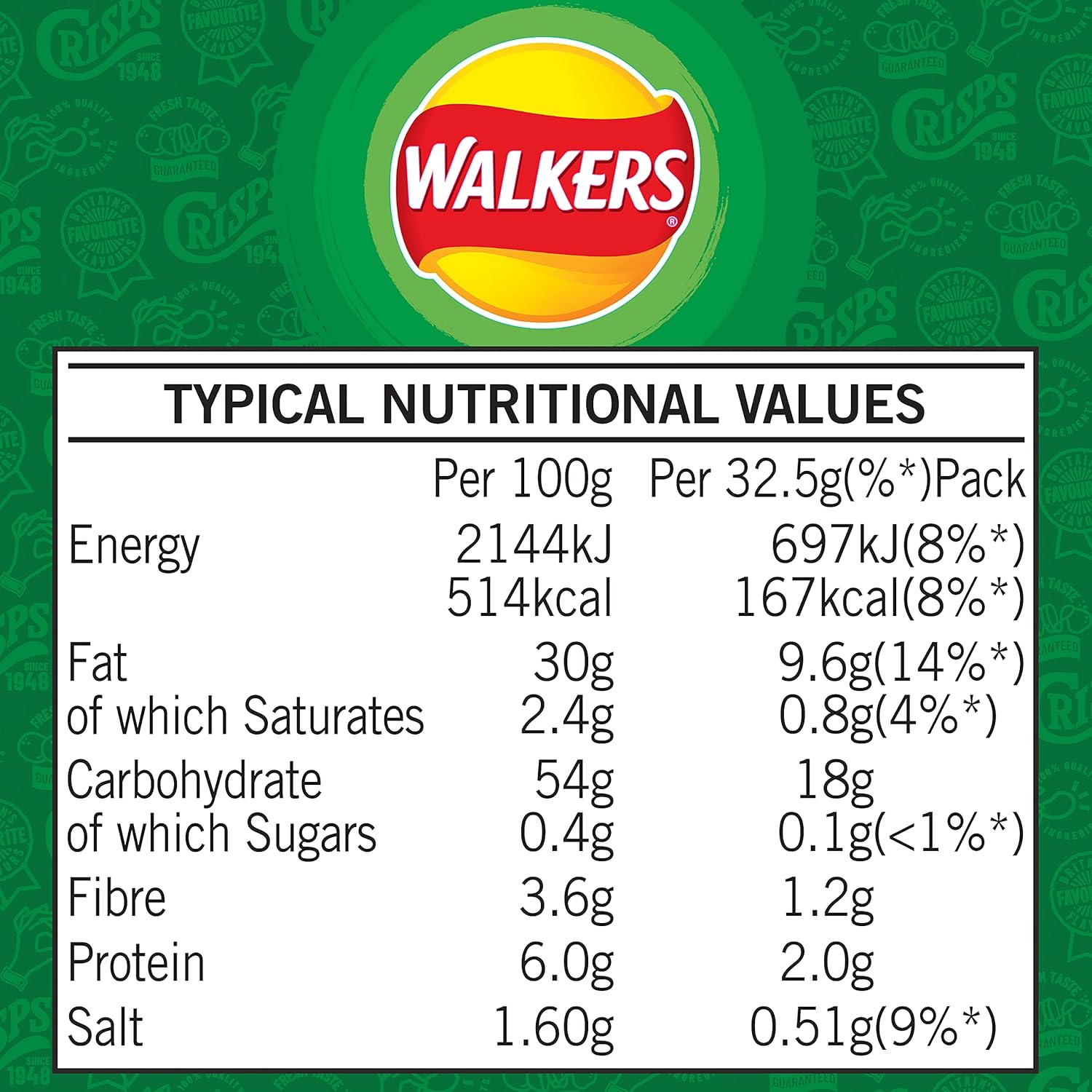 Walkers Salt &amp; Vinegar Chips 32,5 g (Karton mit 32 Stück) 9
