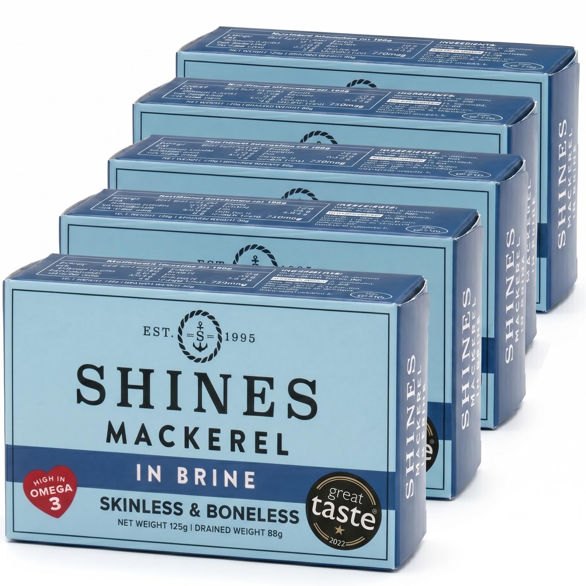 Shines Wild Mackerel in Brine - Skinless & Boneless, Low Salt | 5 Pack (125g Each)
