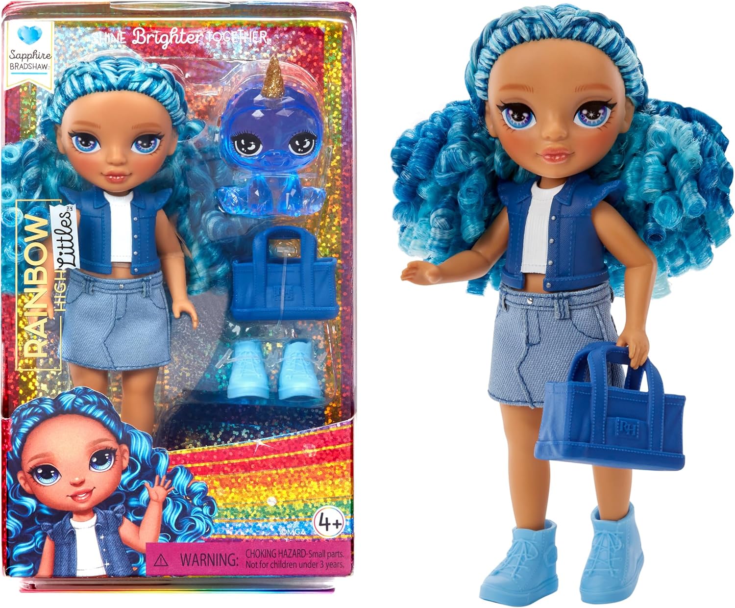 Rainbow High Littles - Sapphire Bradshaw - 14 cm Posable Fashion Doll with Blue Denim Outfit & Magical Yeti Pet