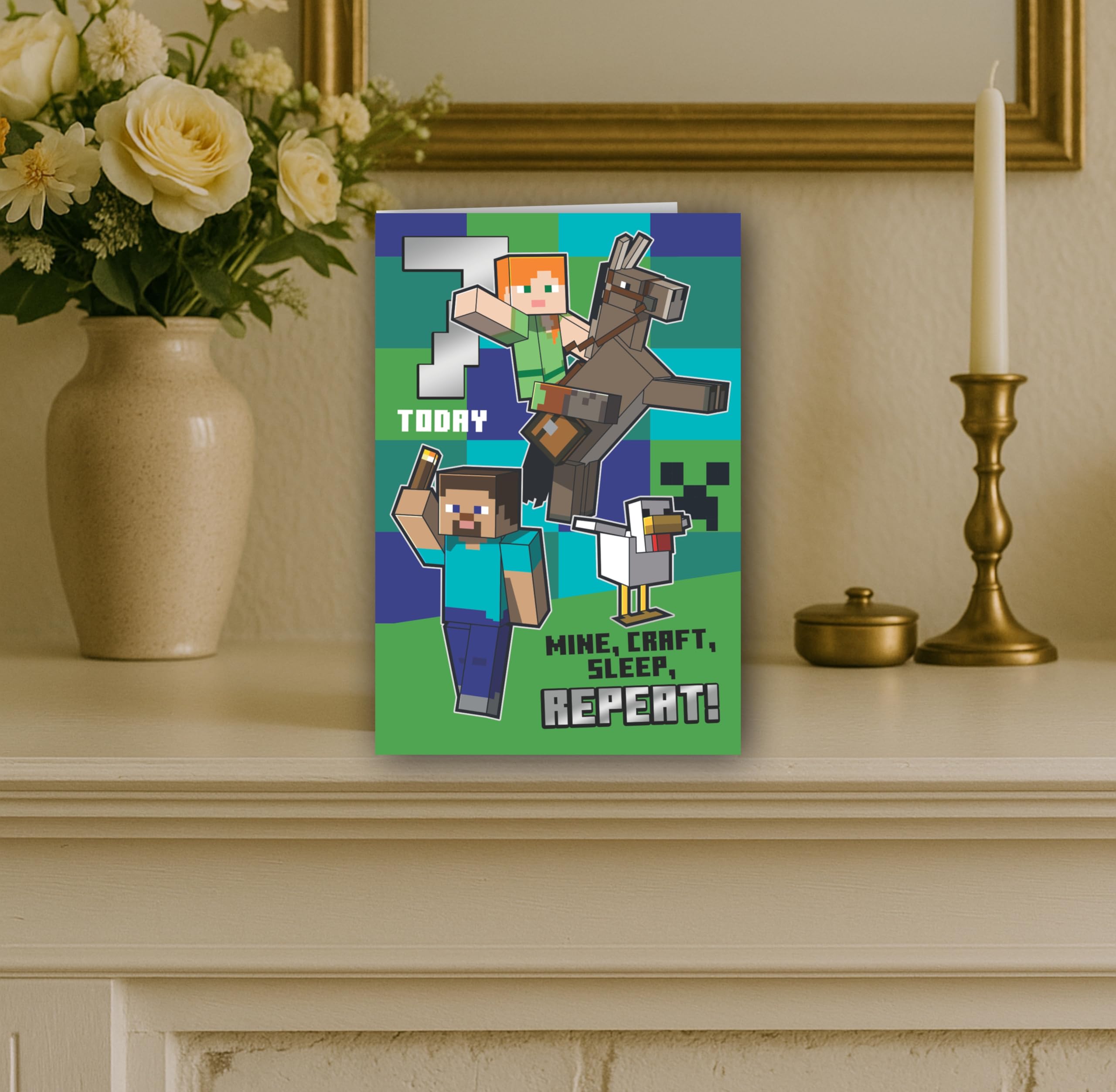 Danilo Promotions LTD Minecraft Birthday Card - Age 7 Greeting Card with Stickers | Standard Size