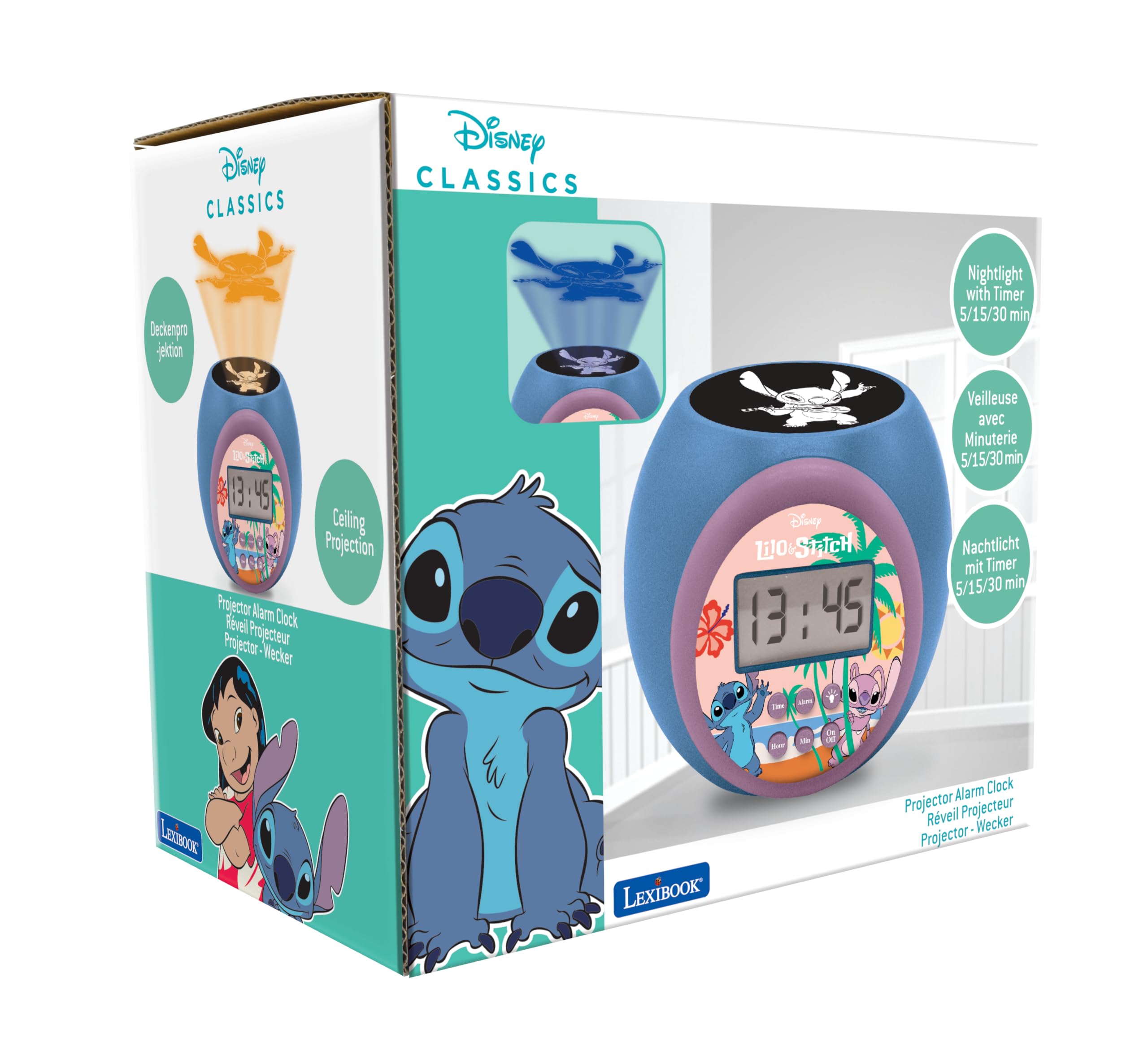 Lexibook Disney Stitch Projector Alarm Clock with Night Light and Snooze Function - Blue 6